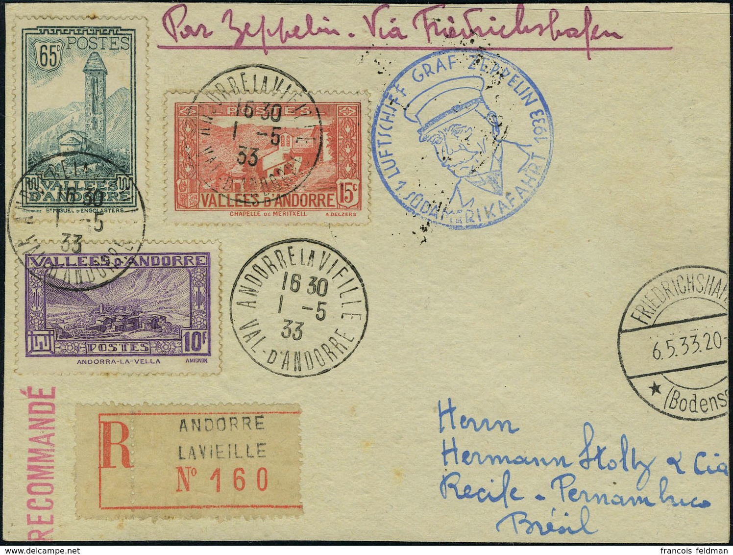 Lettre Zeppelin 1 SAF 1933, CP Illustrée Recomm. Càd Andorre La Vieille 1.5.33, Cachet Bleu Du Vol, Càd De Transit Fried - Autres & Non Classés