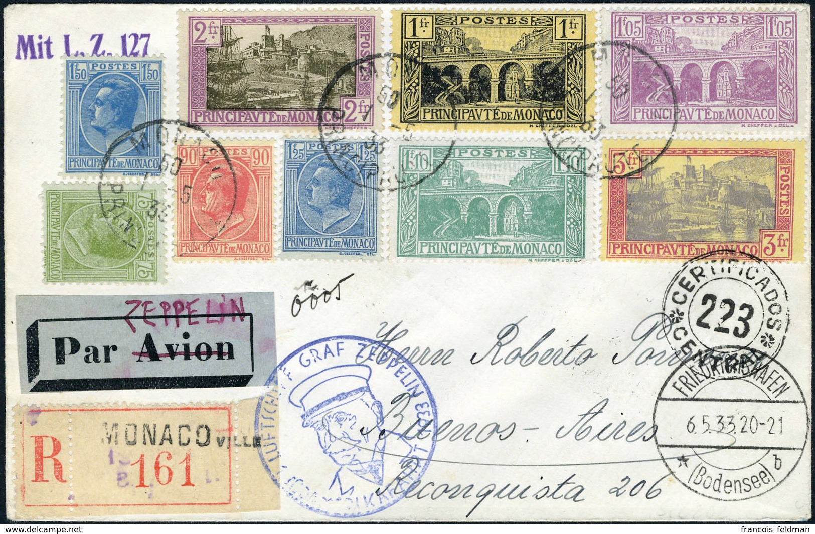 Lettre Zeppelin 1.SAF.1933, L.R. De Monaco (1.5.33), Cachet De Transit Friedrichshafen 6.5.33 Pour Buenos-Aires - Arrivé - Other & Unclassified