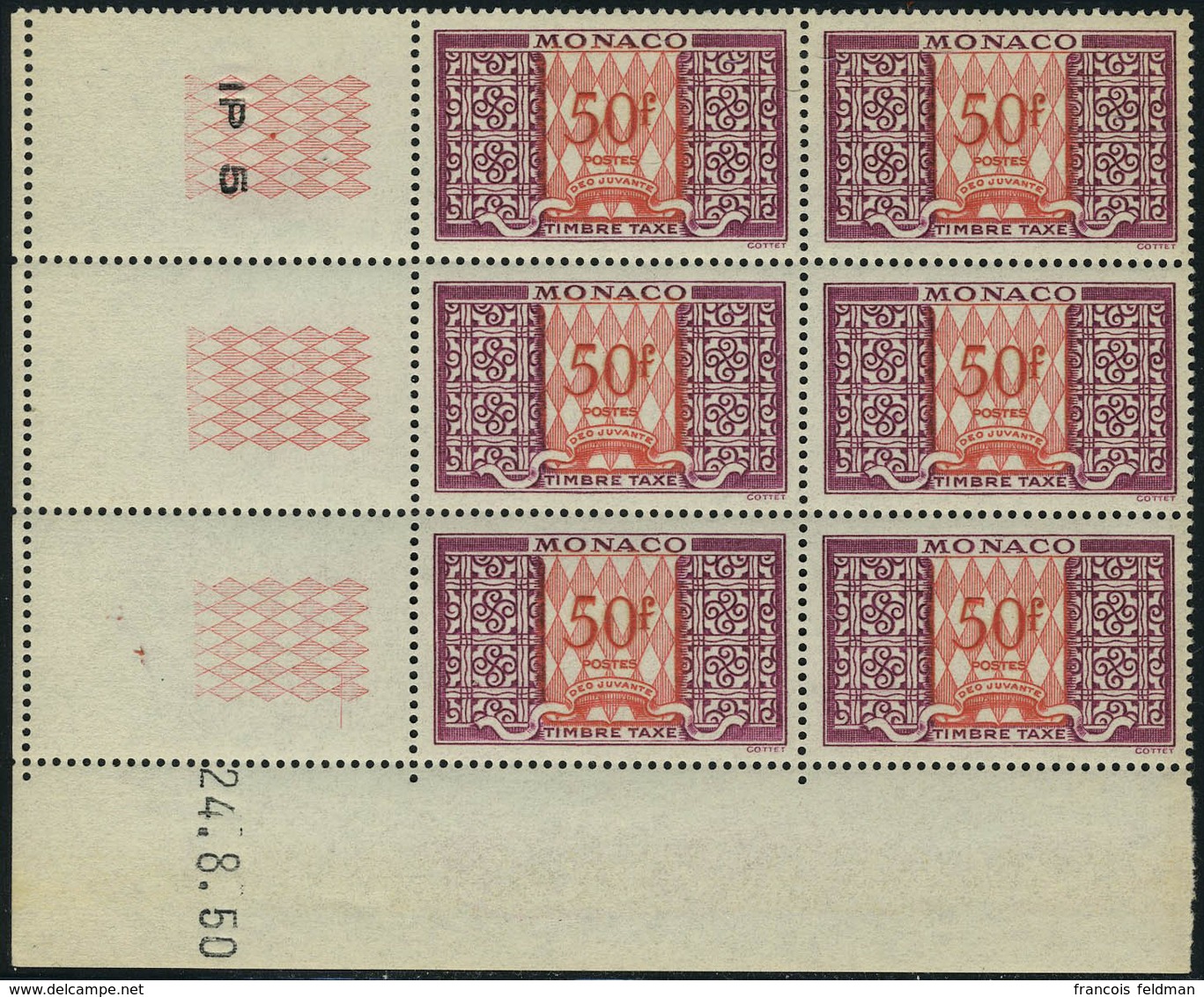 Neuf Sans Charnière N° 38A, 50f Lilas Et Rouge Bloc De 6 Coin Daté 24/8/50 T.B. - Autres & Non Classés