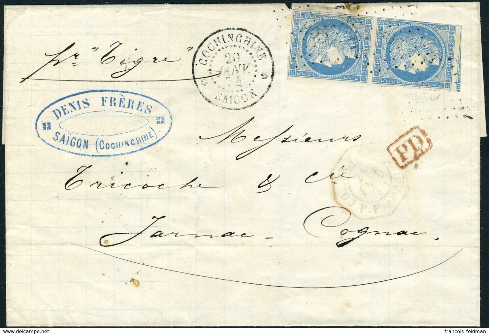 Lettre N° 23, 25c Bleu, Paire Verticale S/L Obl CCH + Càd Saïgon 20 Janv 74 Pour Cognac, 1 Ex Filet Légèrement Touché, S - Autres & Non Classés