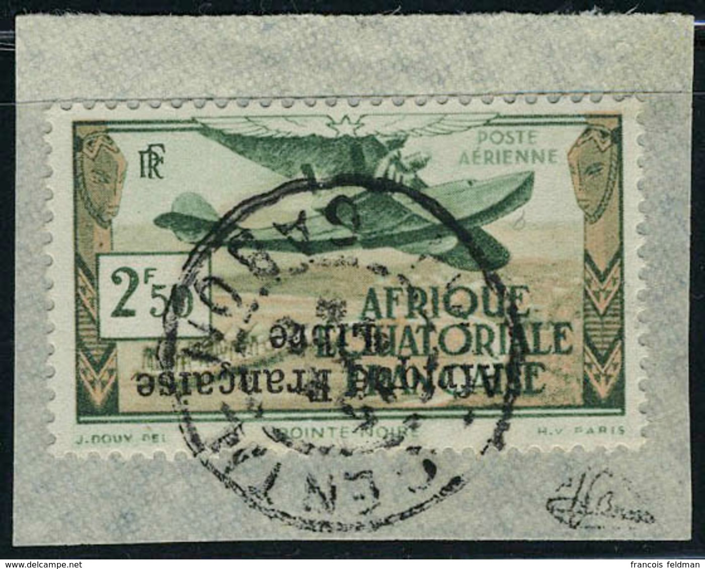 Fragment N° 15a, 2f50 Afrique Française Libre , Surcharge Renversée, Obl Sur Petit Frgt  T.B. Signé JF Brun - Autres & Non Classés
