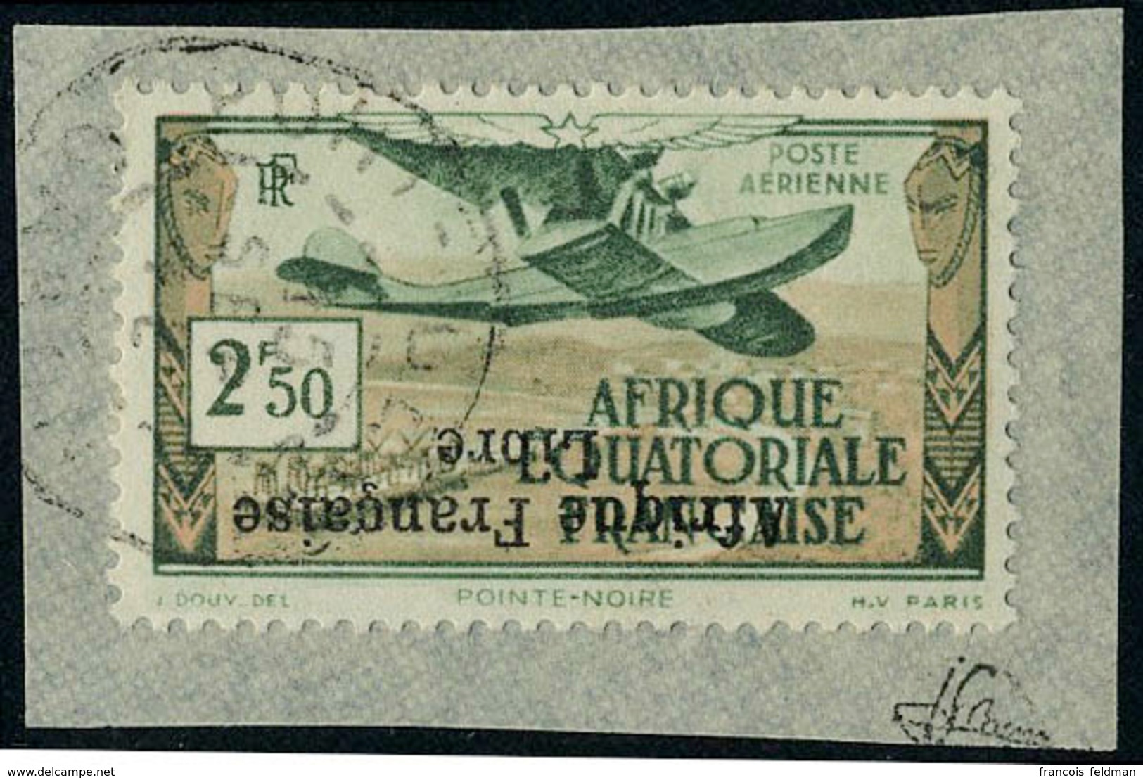 Fragment N° 15a, 2f50 Afrique Française Libre, Surcharge Renversée, Obl Sur Petit Fragment, T.B. Signé JF Brun - Altri & Non Classificati