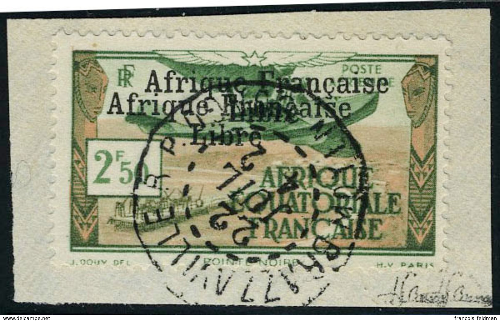 Fragment N° 15b, 2f50Afrique Française Libre  Double Surcharge, Obl Sur Petit Frgt  T.B. Signé JF Brun - Altri & Non Classificati