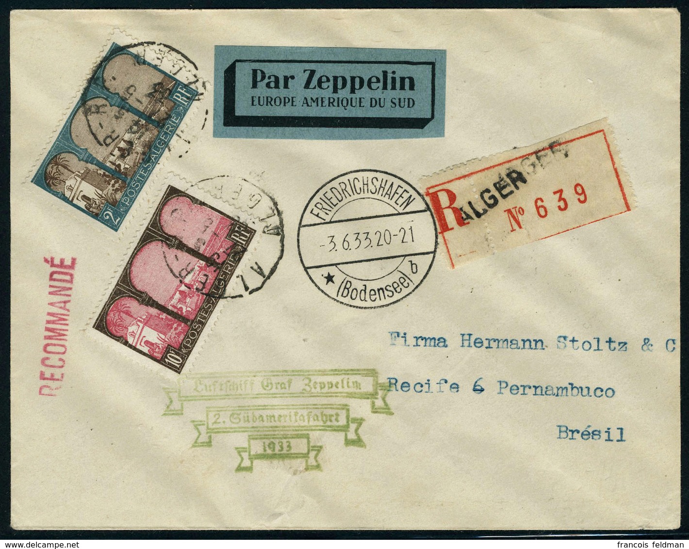 Lettre Zeppelin 2è SAF 1933, LR D'Alger 27.5.33 Affranchie Avec N° 54 Et 84, Càd De Transit Friedrichshafen 3.6.33, Pour - Sonstige & Ohne Zuordnung