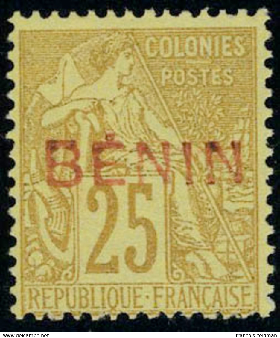 Neuf Sans Gomme N° 8B, 25c Bistre Jaune Surcharge Bénin En Rouge Ave Accent, Non émis, T.B. Rare Signé Calves - Autres & Non Classés