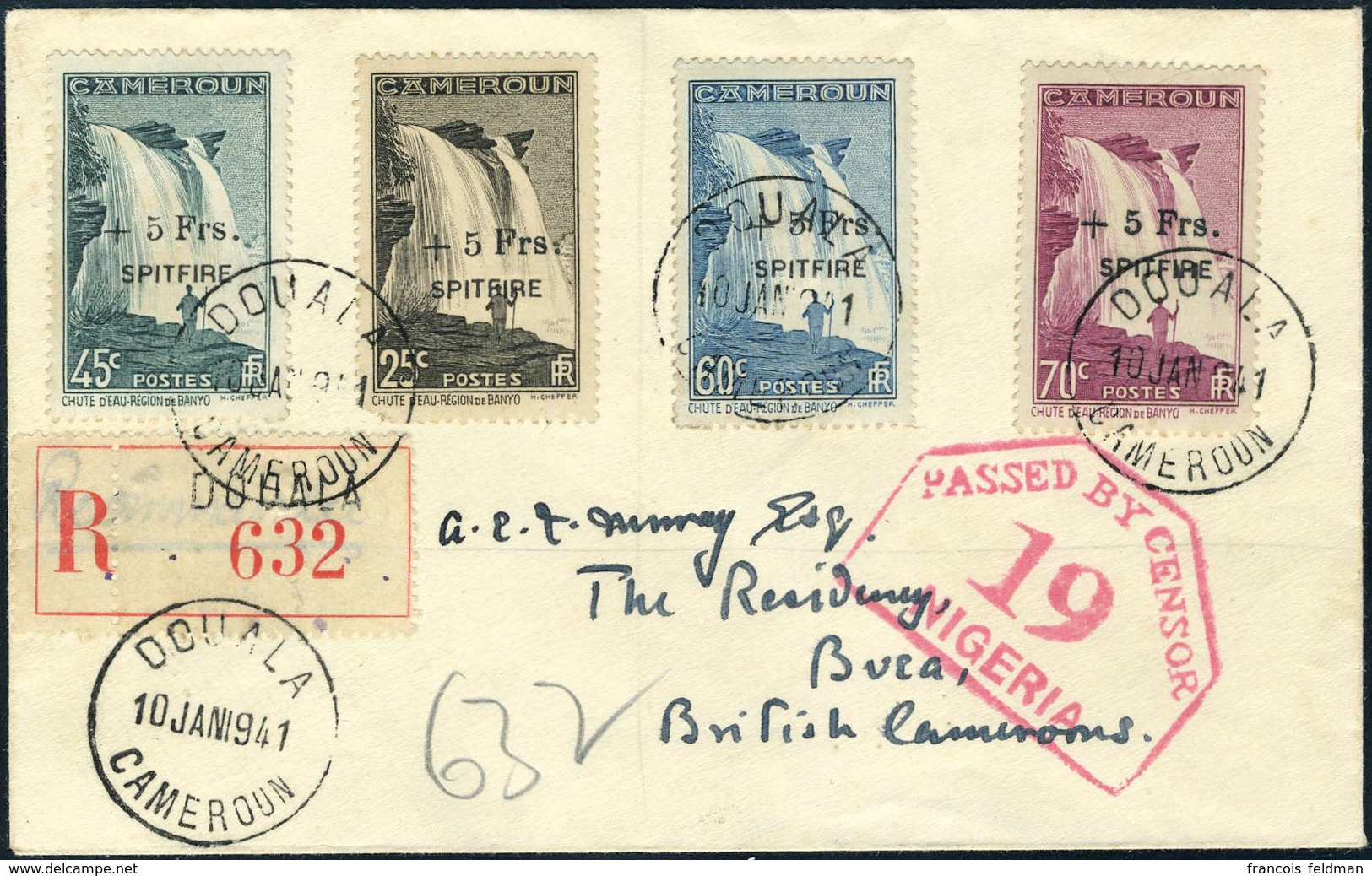 Lettre N° 236/39, La Série Spitfire Obl S/LR Censurée 10 Jan 1941 Pour BUEA, Cameroun Mandat Britannique, Affranchisseme - Other & Unclassified