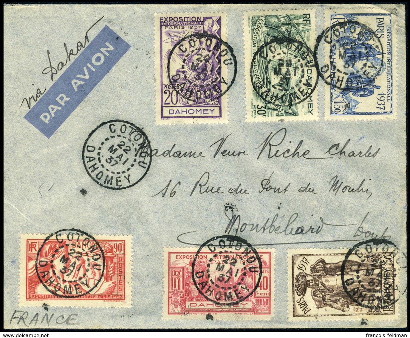 Lettre N° 103/08, La Série Expo De Paris S/L Càd Cotonou 22 Mai 37 Pour Montbéliard Càd De Transit De Dakar, Cachet Serv - Altri & Non Classificati