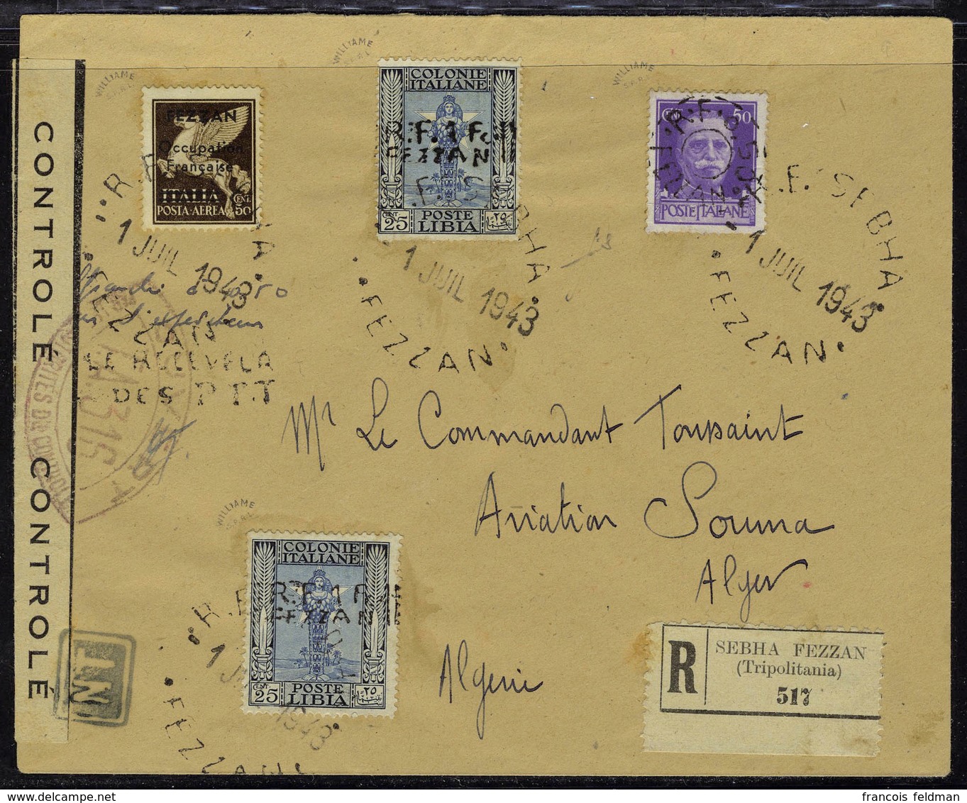 Lettre N° 18, 19 X 2 +  PA N° 1 Sur LR De Sebha 1 Juil 1943, Pour Alger, Arrivée Le 8.7.43, Bande Et Cachets De Contrôle - Other & Unclassified