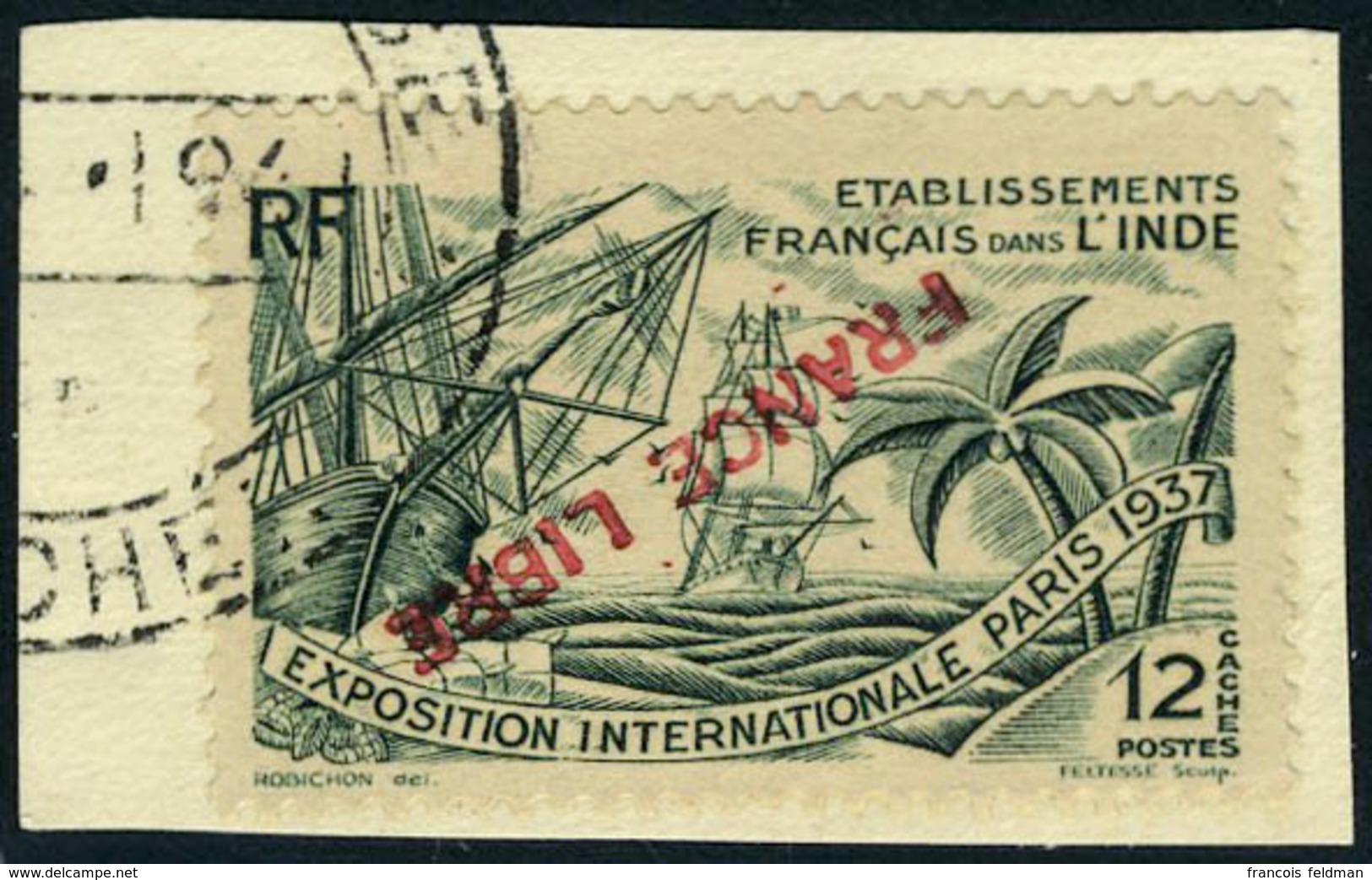Fragment N° 152a, 12ca Vert Expo 1937, Surcharge Renversée, Obl S/fragment, TB, Signé Brun - Sonstige & Ohne Zuordnung