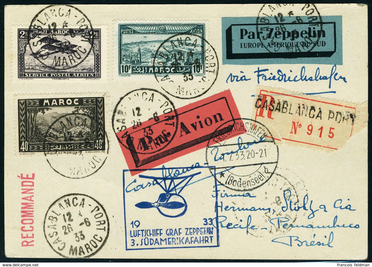 Lettre Zeppelin  3 SAF 1933, CP Rec. De Casablanca 26.6.33, Càd De Transit Friedrichshafen 1.7.33 Pour Pernambuco, Arriv - Other & Unclassified