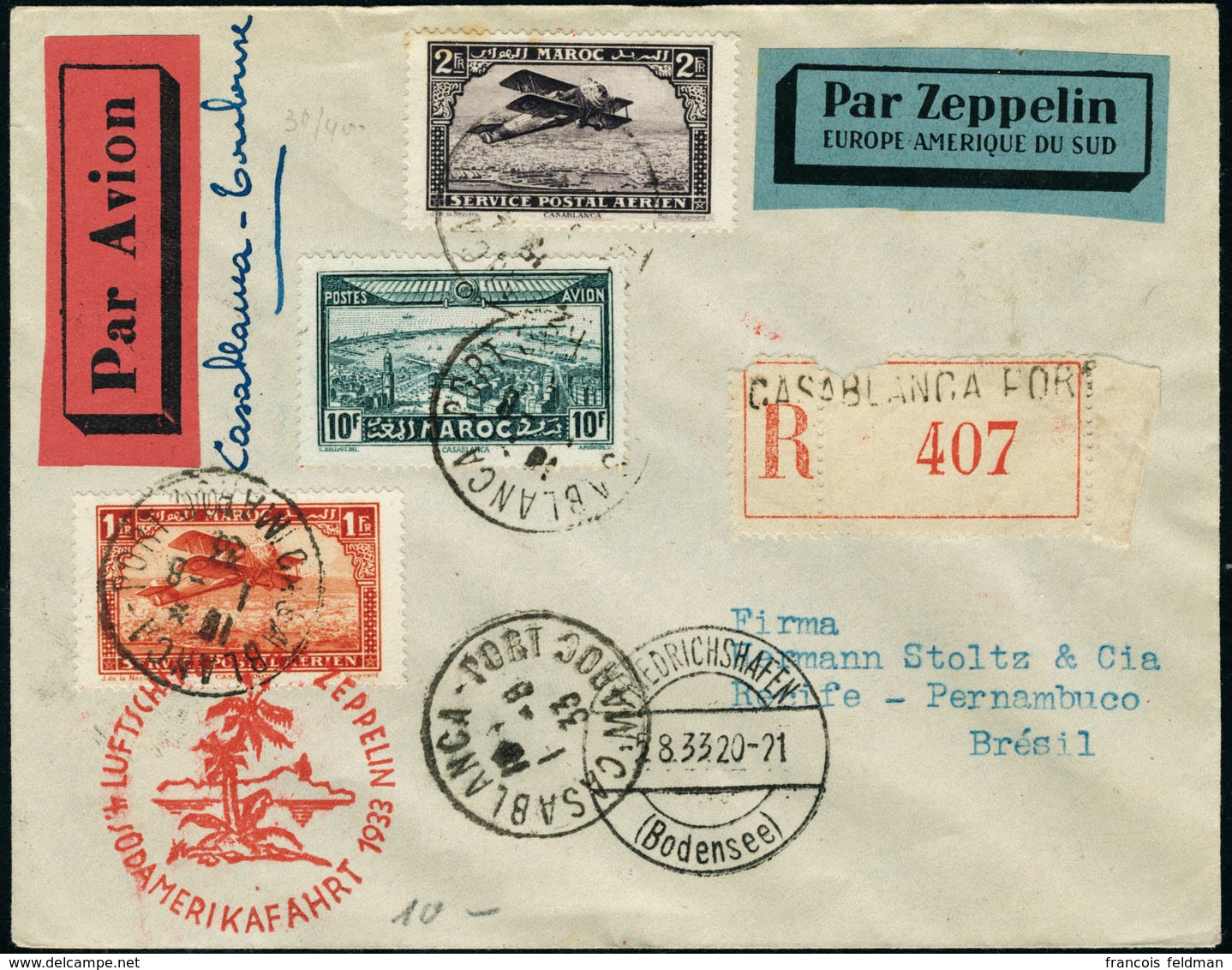 Lettre Zeppelin. 4ème SAF 1933. L.R. De Casablanca (1.8.33). CàD De Transit Friedrischshafen 5.8.33, Pour Récife-Pernamb - Autres & Non Classés