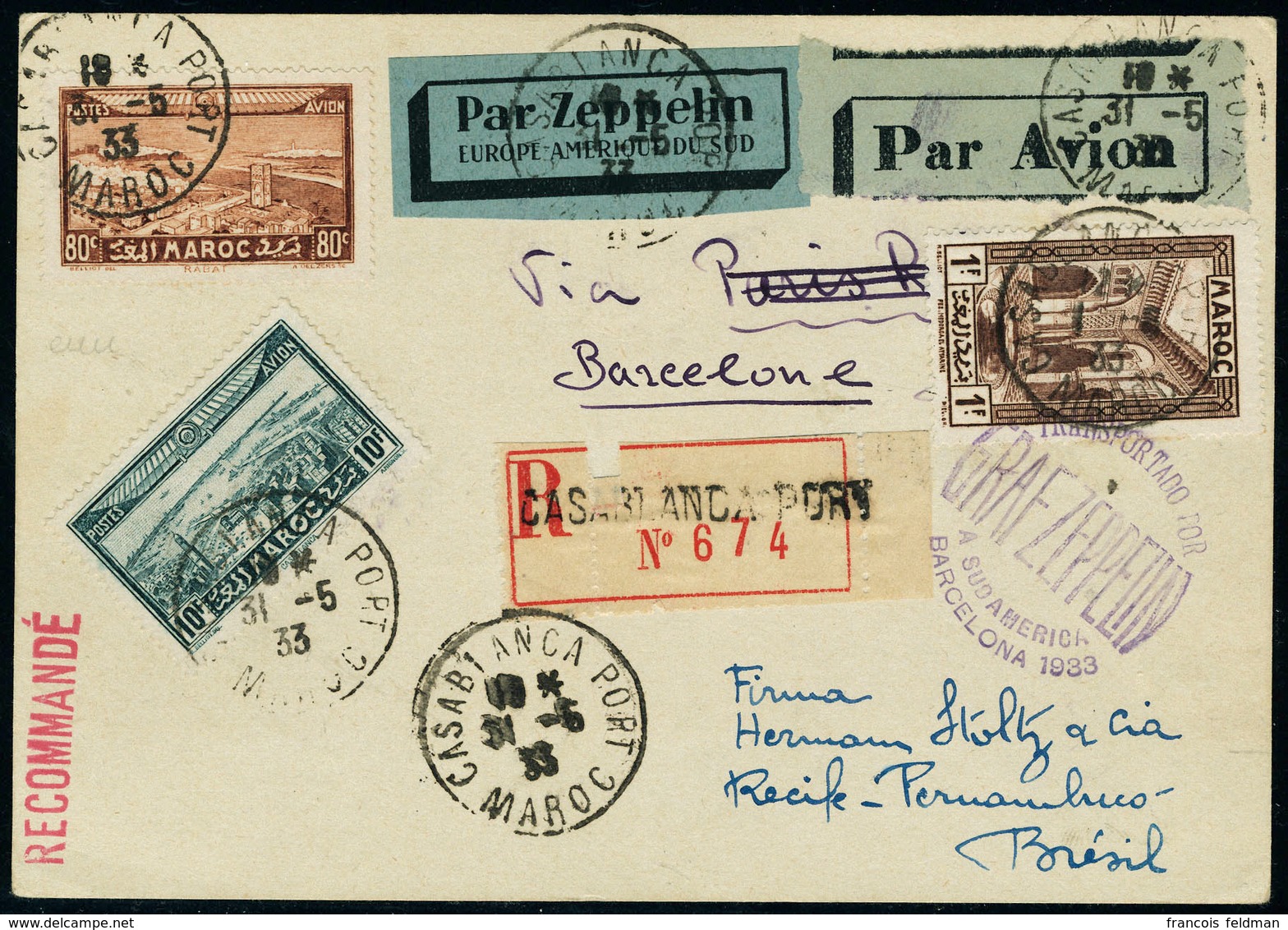 Lettre Zeppelin  A Sud America Barcelona 1933. CP Recommandée De Casablanca 31.5.33 Pour Recife Pernambuco, Au Verso Càd - Andere & Zonder Classificatie