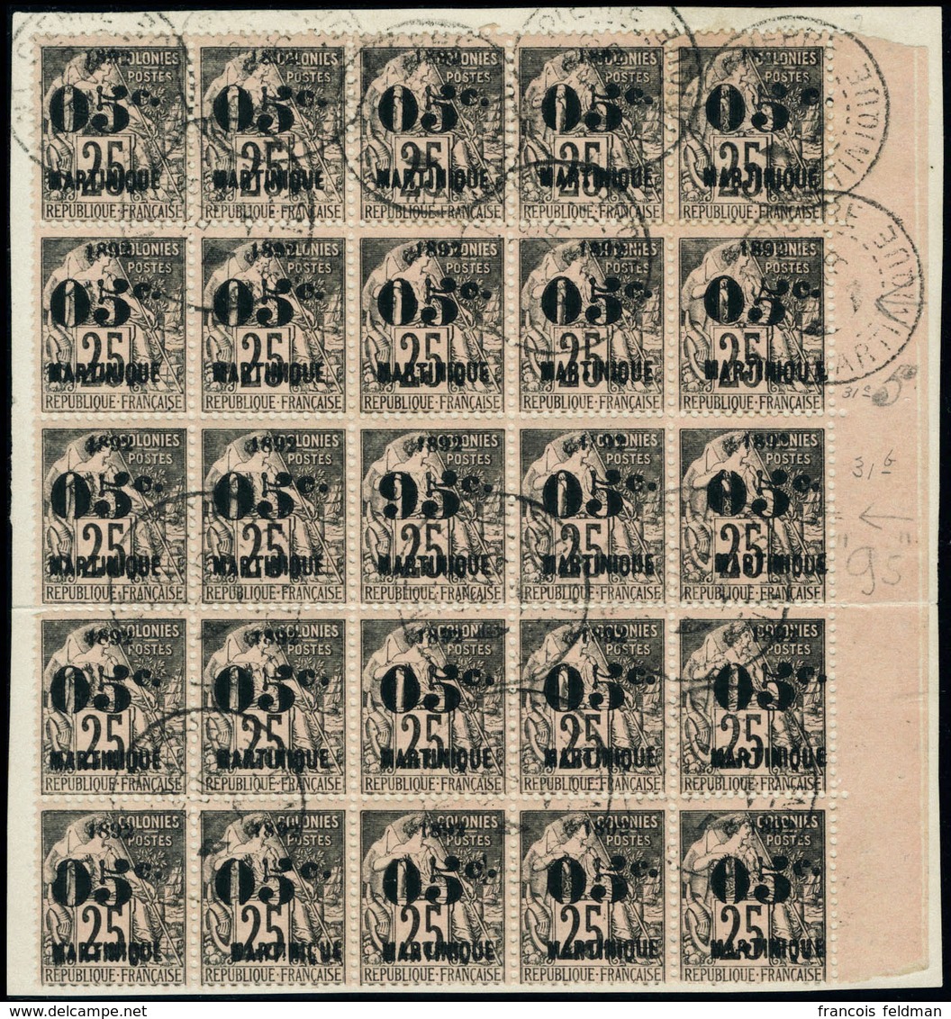 Oblitéré N°29b. 05 S/25c Bloc De 25ex S/fragment Avec Variété 95c Et Chiffre 5 Penché. T.B. Rare - Otros & Sin Clasificación