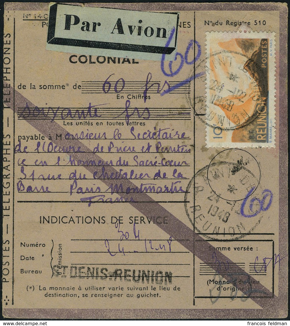 Lettre N° 277, Sur Mandat Colonial Sans Le Talon, Càd  Saint Denis 24.12.1948 Pour Paris, étiquette Par Avion, T.B. - Other & Unclassified