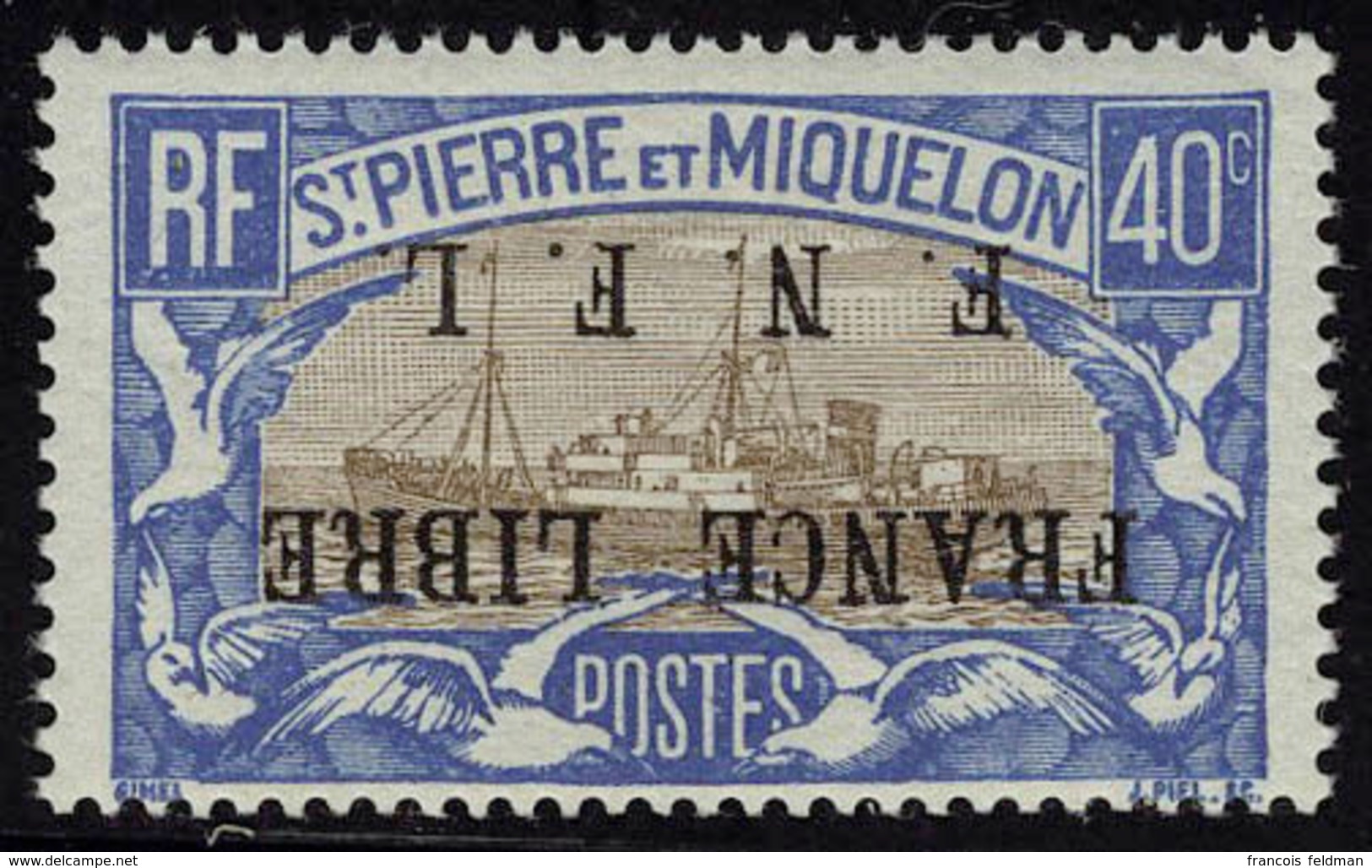 Neuf Sans Charnière N° 237A, 40c Bleu Et Brun, France Libre FNFL, Surcharge Renversée, T.B. Signé Calves - Sonstige & Ohne Zuordnung