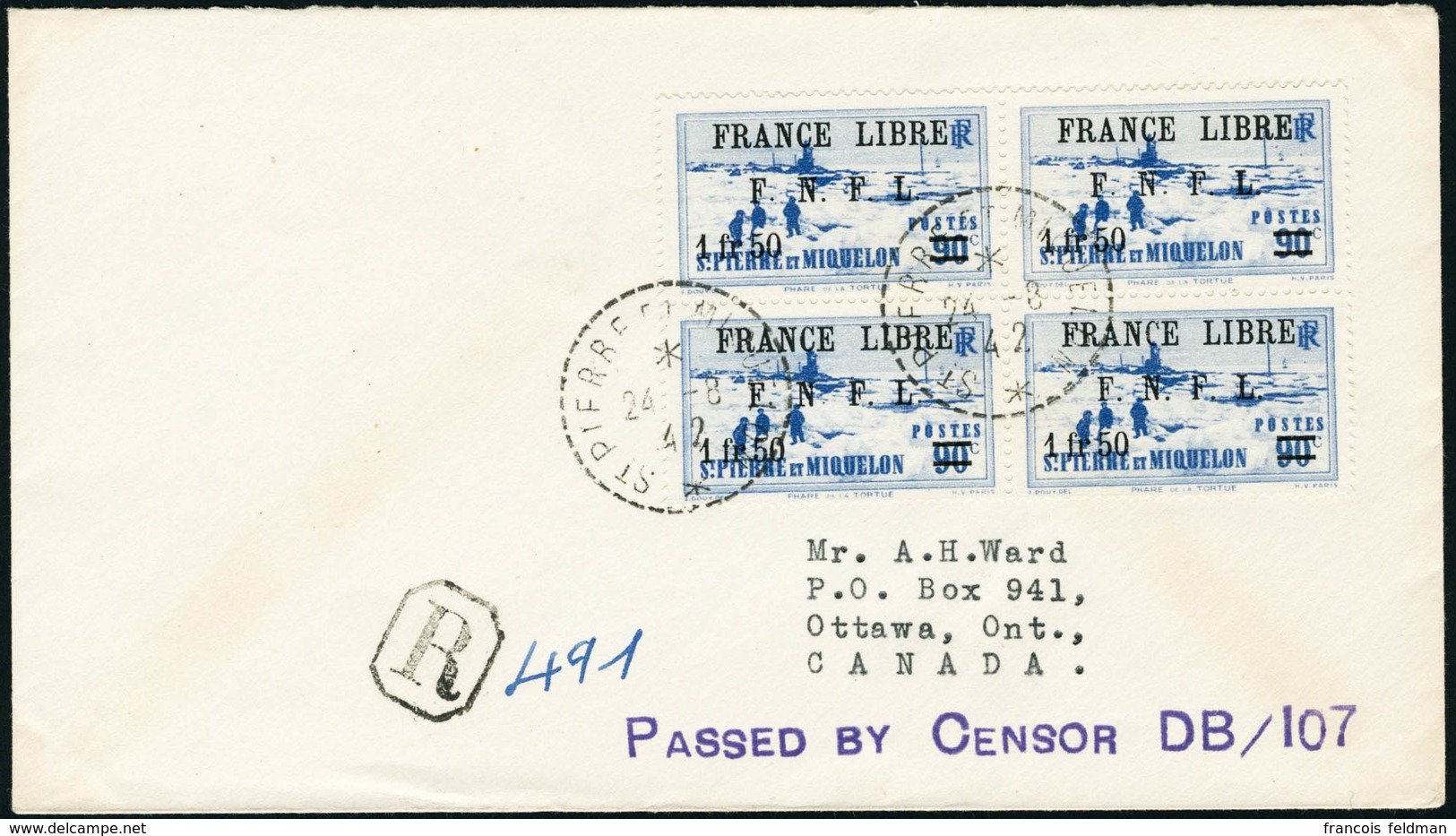 Lettre N°277. Bloc De 4ex S/LR (24.8.42), Pour Ottawa. Cachet De Censure. Au Verso CàD De Transit Halifax Au 31 42. T.B. - Autres & Non Classés