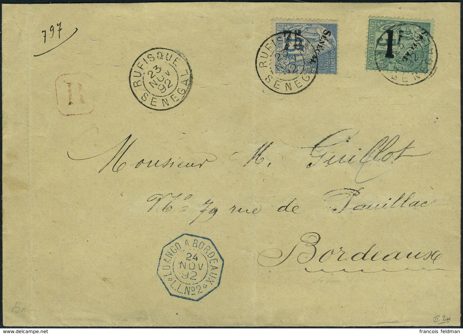 Lettre N° 6/7, 75 Sur 15c Et 1f Sur 5c, Les 2 Valeurs Sur LR Obl Rufisque 23 Nov 92 Pour Bordeaux T.B. Signé Calves, Rar - Autres & Non Classés