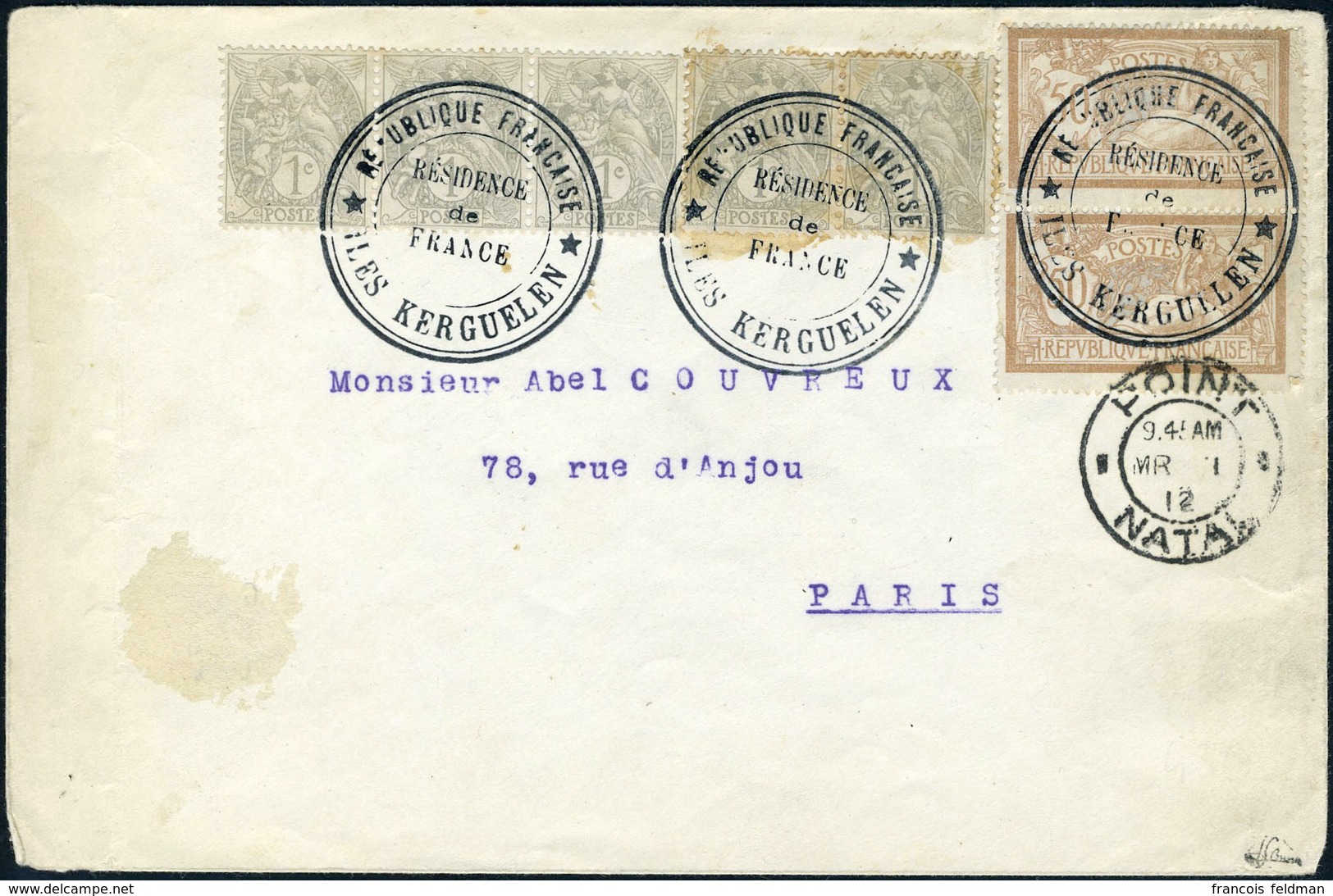 Lettre 1c Type Blanc X 5 + 50c Merson X 2 S/L Obl Iles Kerguelen De France + Cachet De Transit POINT NATAL MR I 1912 Pou - Otros & Sin Clasificación