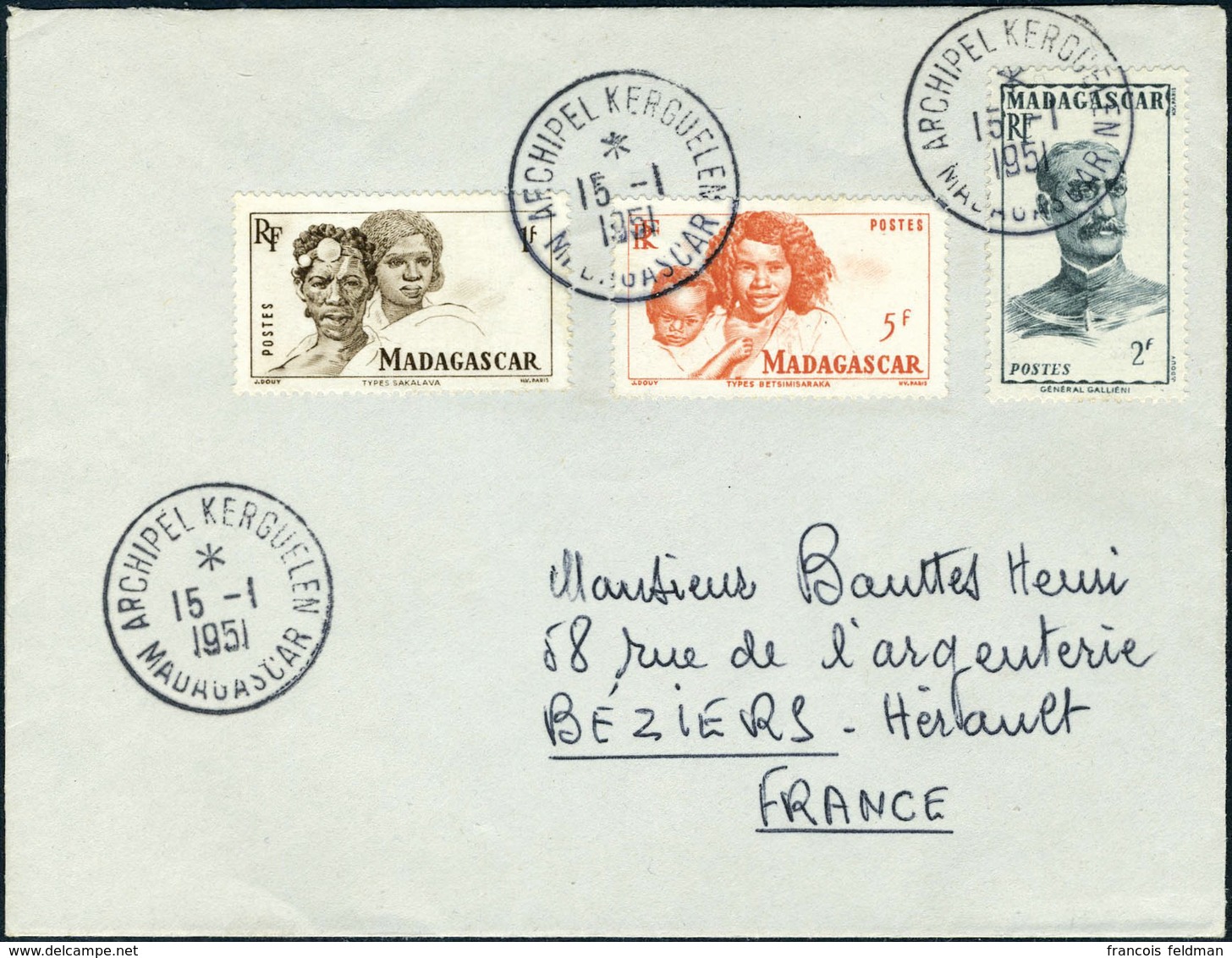 Lettre 3 Valeurs Madagascar S/L Obl Archipel Kerguelen 15.1.51 Pour Béziers, Au Verso St Paul Et Amsterdam 26.1.51, TB - Autres & Non Classés