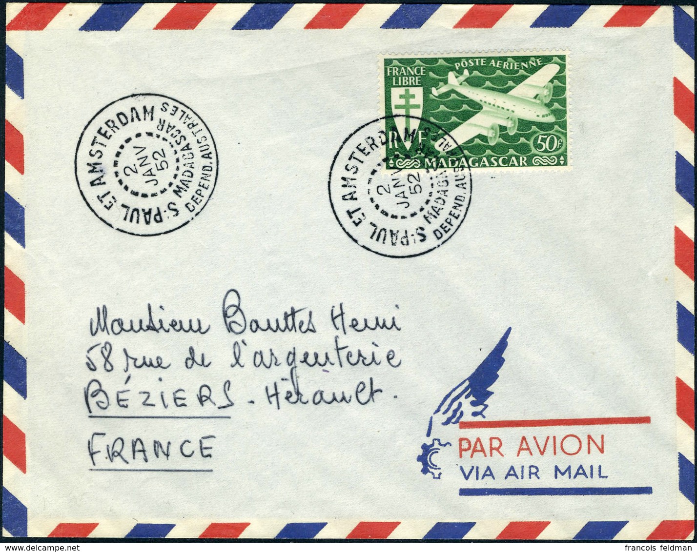 Lettre 50f PA Madagascar Obl S/L St Paul Et Amsterdam Du 2 Jan 52 Pour Béziers, TB - Autres & Non Classés