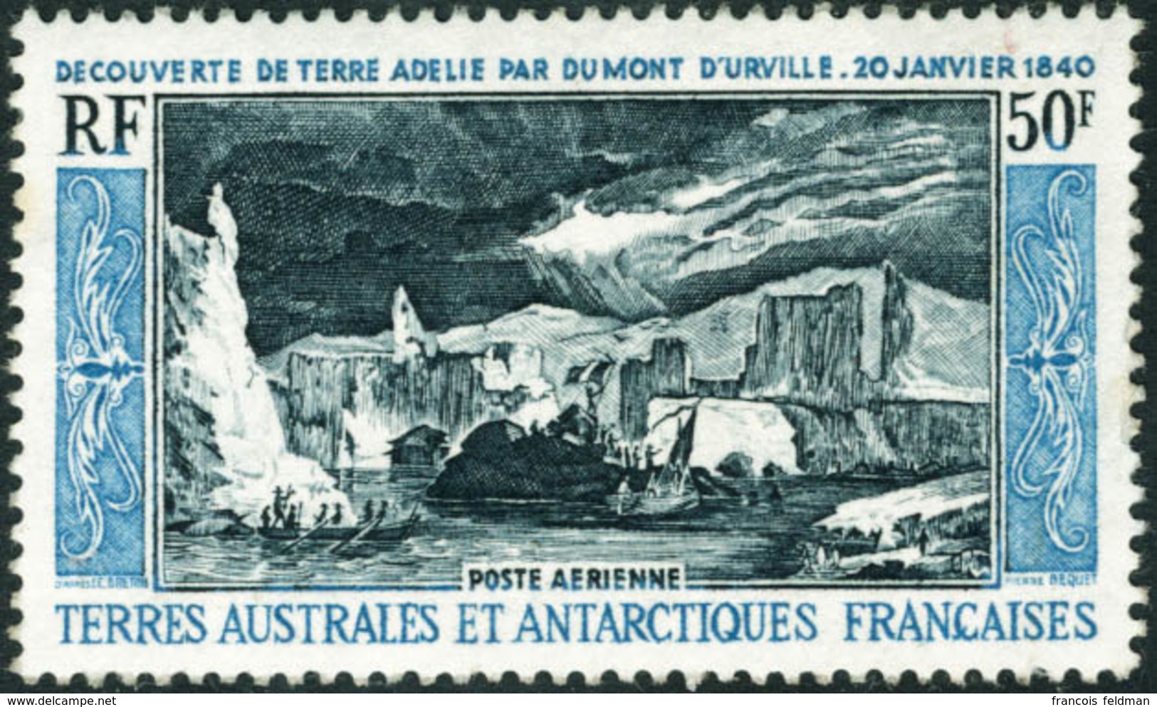 Neuf Sans Charnière N° 8. 50f Découverte De La Terre Adélie, Gomme Légèrement Marbrée Sinon T.B. - Autres & Non Classés