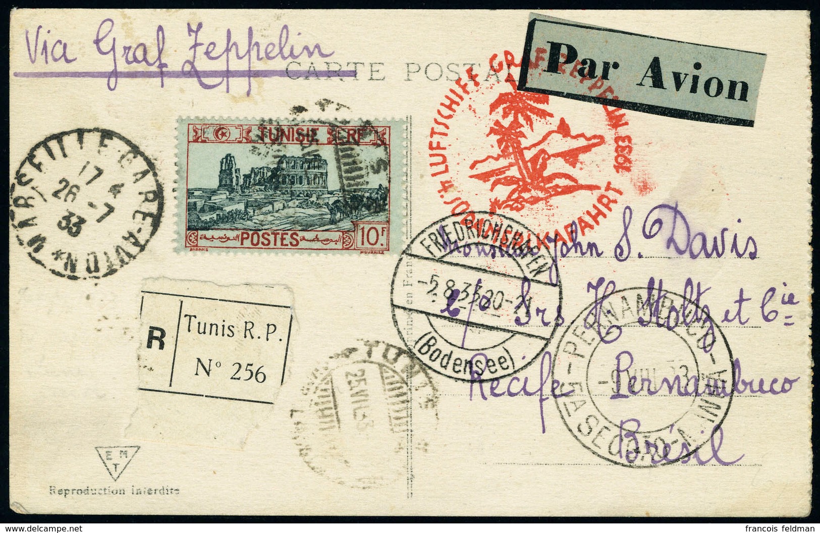 Lettre Zeppelin 4 SAF 1933, CP Rec. Càd Tunis 25 VII 33, Càd De Transit Marseille 26.7.33 Et Friedrichshafen 5.8.33 Pour - Otros & Sin Clasificación