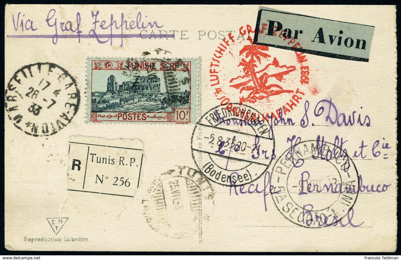 Lettre Zeppelin 4 SAF 1933, CP Rec. Càd Tunis 25 VII 33, Càd De Transit Marseille 26.7.33 Et Friedrichshafen 5.8.33 Pour - Autres & Non Classés