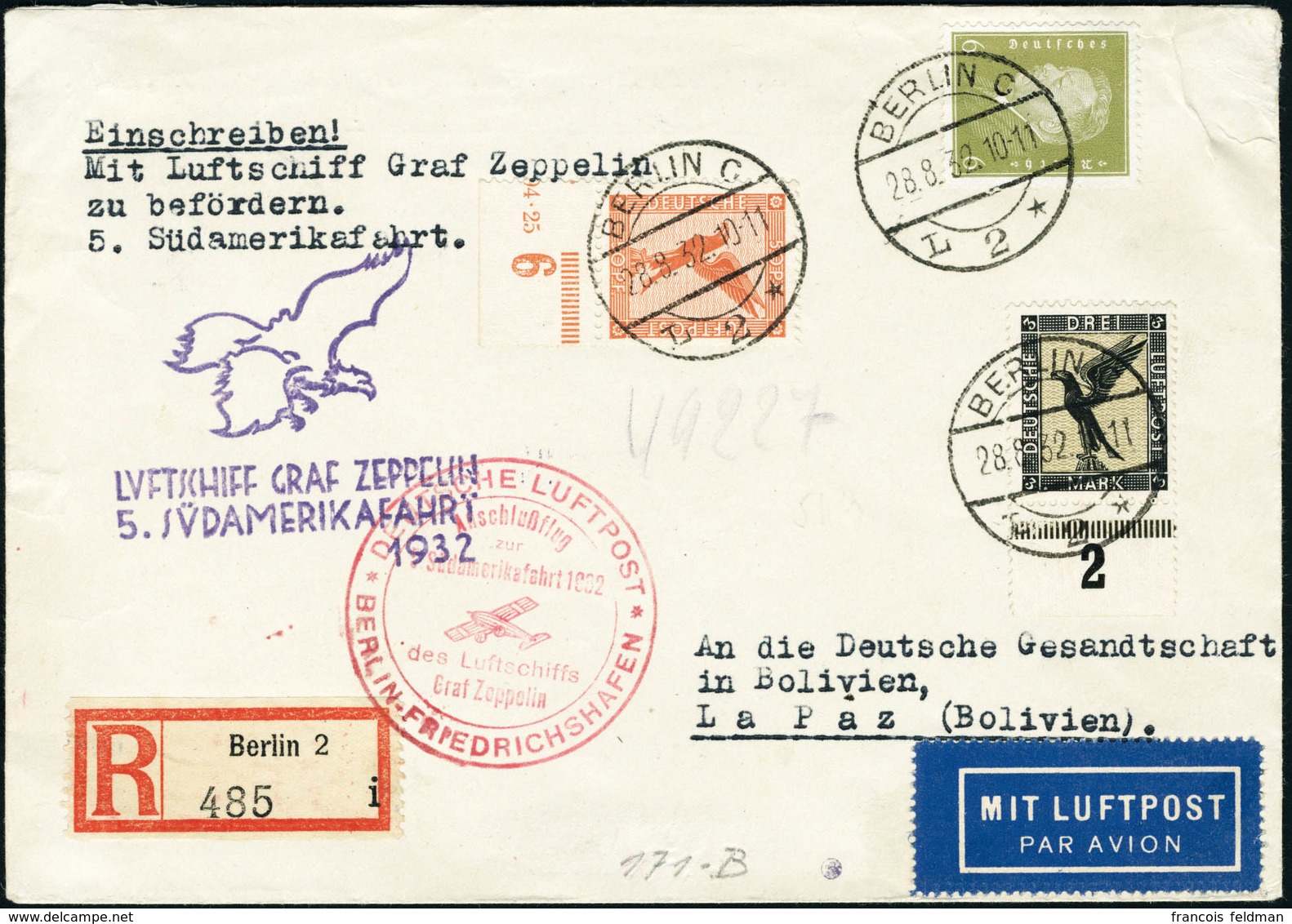 Lettre N°31 + 34 + Timbre Poste N°402A S/L.R. De Berlin (28.8.32). 5è SAF 1932, Pour La Paz (Bolivie). CàD Illustré Berl - Autres & Non Classés