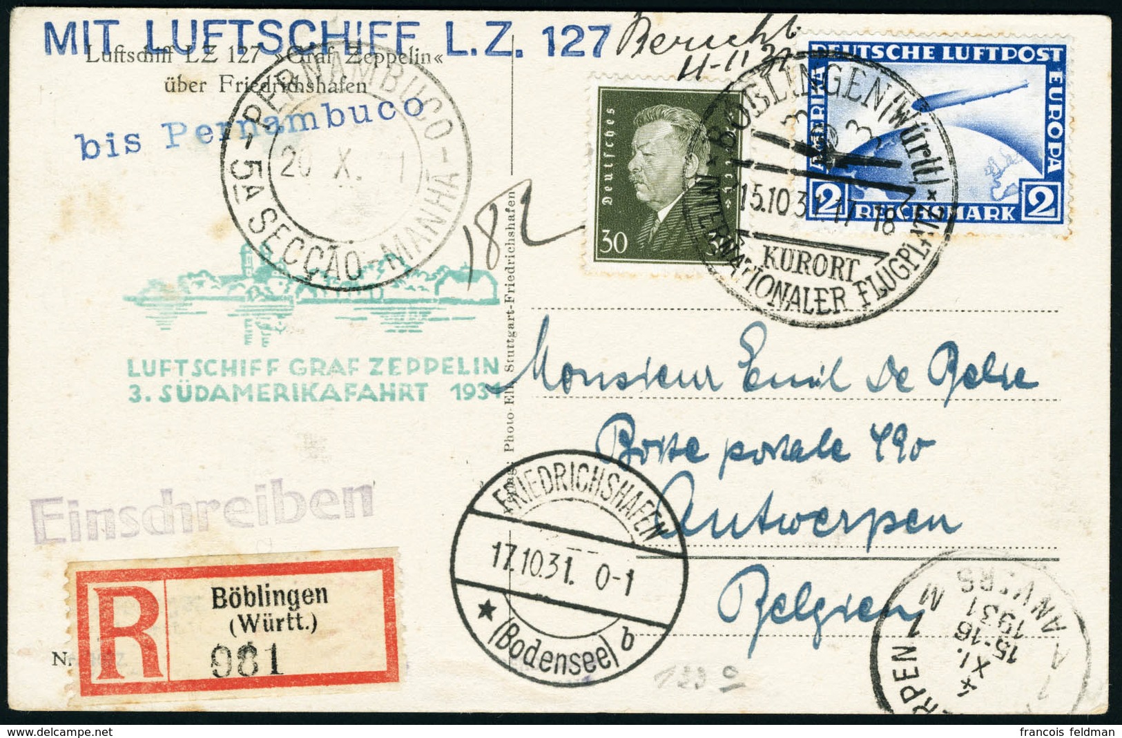 Lettre N°36 + Timbre Poste N°408 S/C.P. Illustrée Zeppelin 3è SAF 1934. T.B. - Other & Unclassified