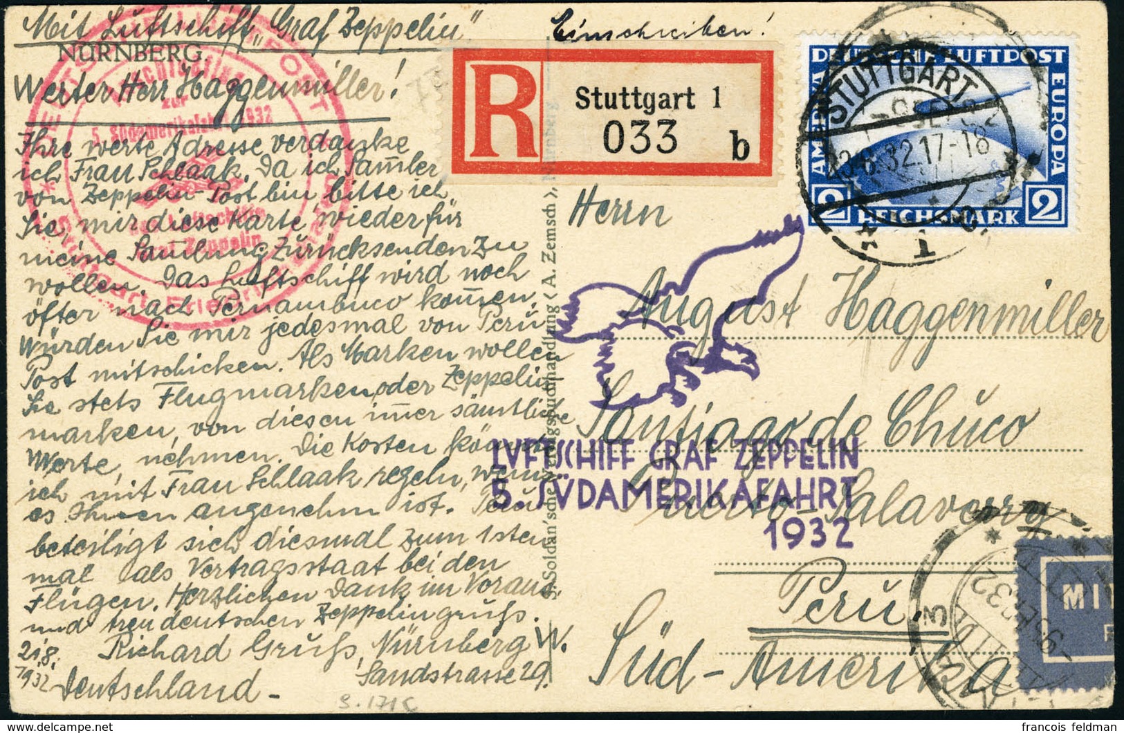 Lettre N°36. Sur C.P. Recommandée De Stuttgart (23.8.32). Zeppelin 5è SAF 1932, Pour Santiago De Chuco (Pérou). Arrivée  - Other & Unclassified