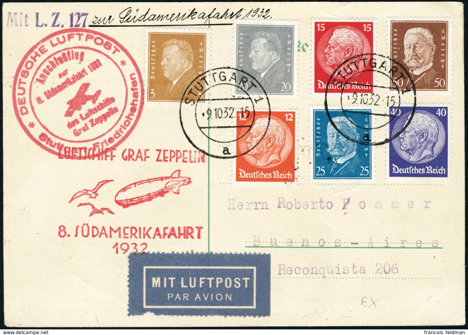 Lettre Zeppelin 8è SAF 1932. C.P. Non Illustrée. CàD Stuttgart 9.10.32. CàD De Transit Illustré ... Stuttgart-Friedrichs - Autres & Non Classés