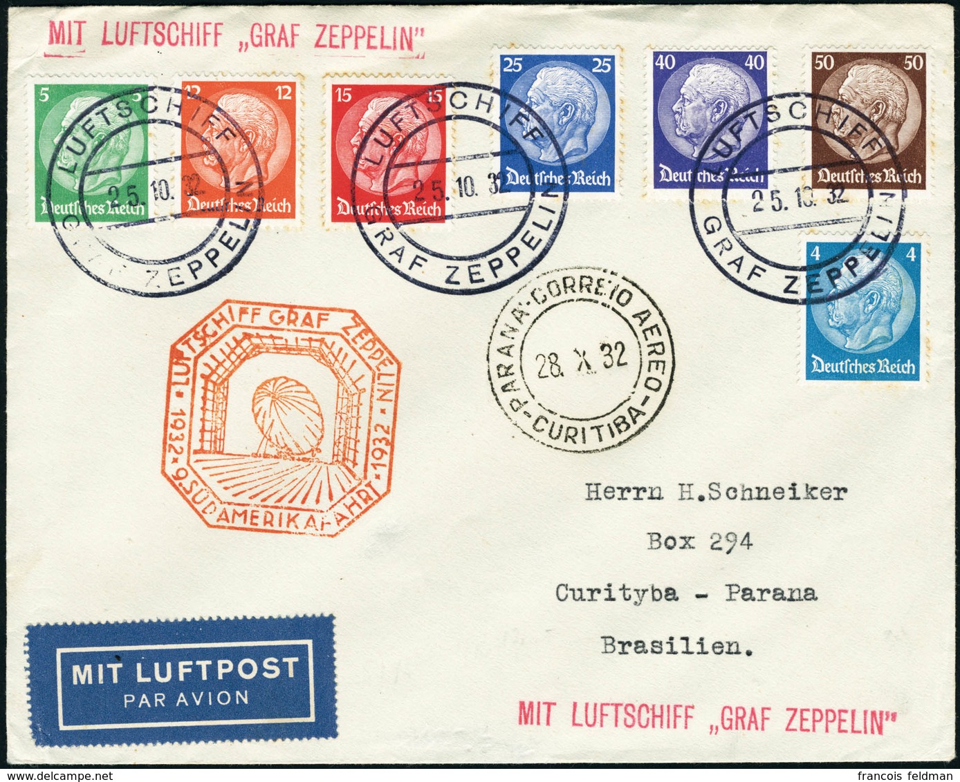 Lettre Zeppelin 9è SAF 1932. Lettre Avec CàD Luftschiff Graf Zeppelin 25.10.32, Pour Curityba-Parana. Arrivée 28.X.32. T - Sonstige & Ohne Zuordnung