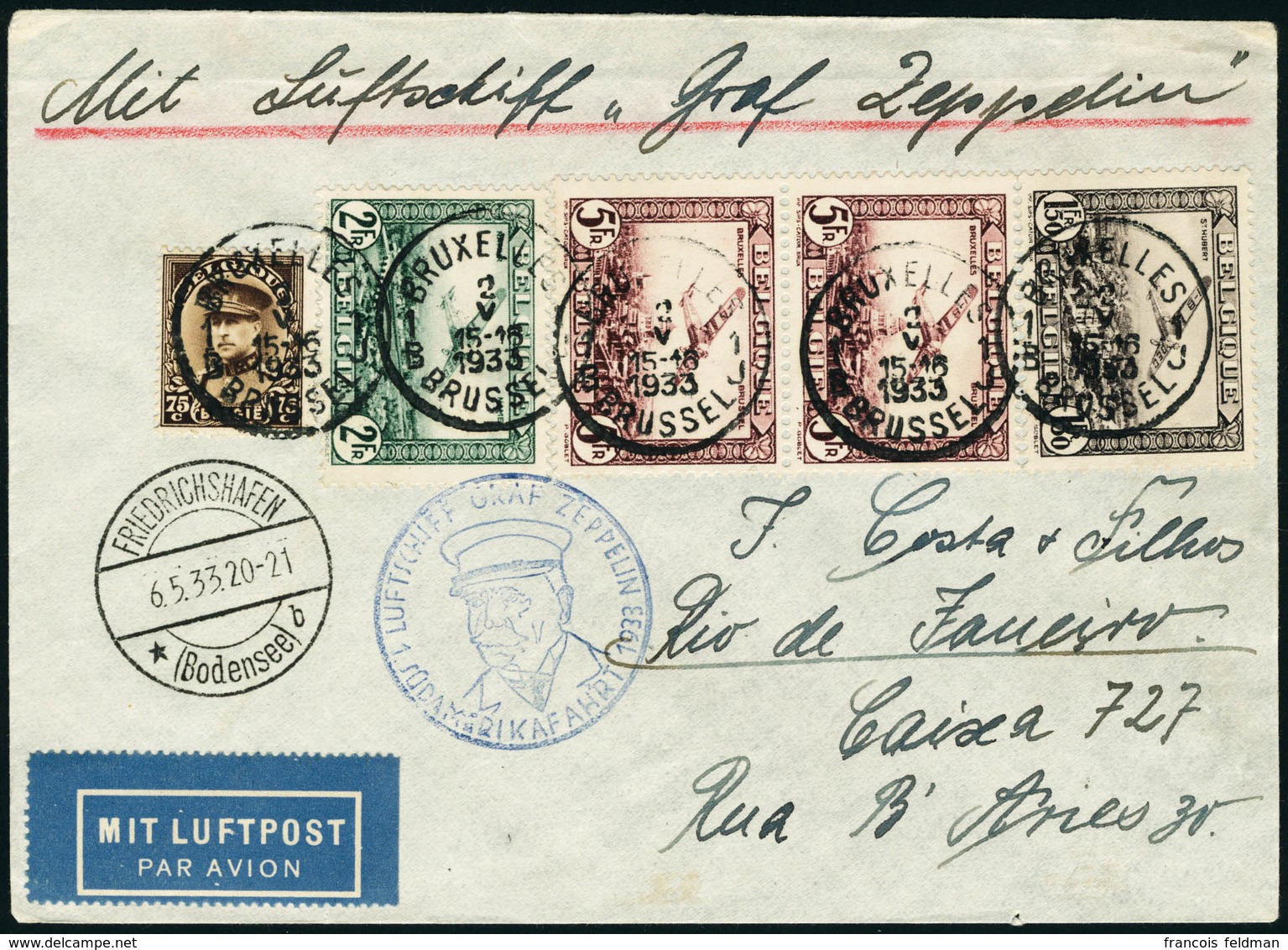 Lettre Zeppelin. 1er SAF 1933. CàD Bruxelles 2.V.1933. CàD De Transit Friedrichshafen 6.5.33, Pour Rio De Janeiro. Au Ve - Sonstige & Ohne Zuordnung