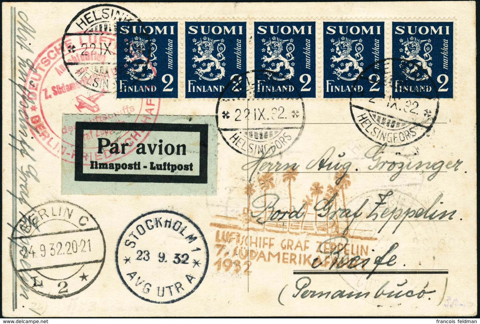 Lettre Zeppelin 7è SAF 1932. C.P. Non Illustrée. CàD Helsinki 22.IX.32. CàD De Transit Stockholm 23.9.32 Et Berlin 24.9. - Other & Unclassified