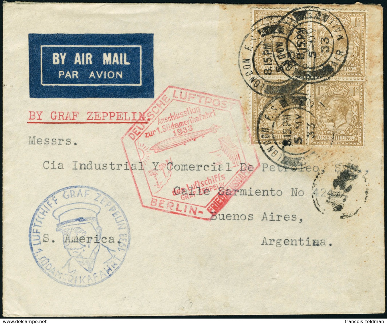 Lettre Zeppelin. 1er SAF 1933. Lettre By Air Mail. CàD London 5 My 33. Cachet Illustré ...Berlin-Friedrichshafen, Pour B - Sonstige & Ohne Zuordnung