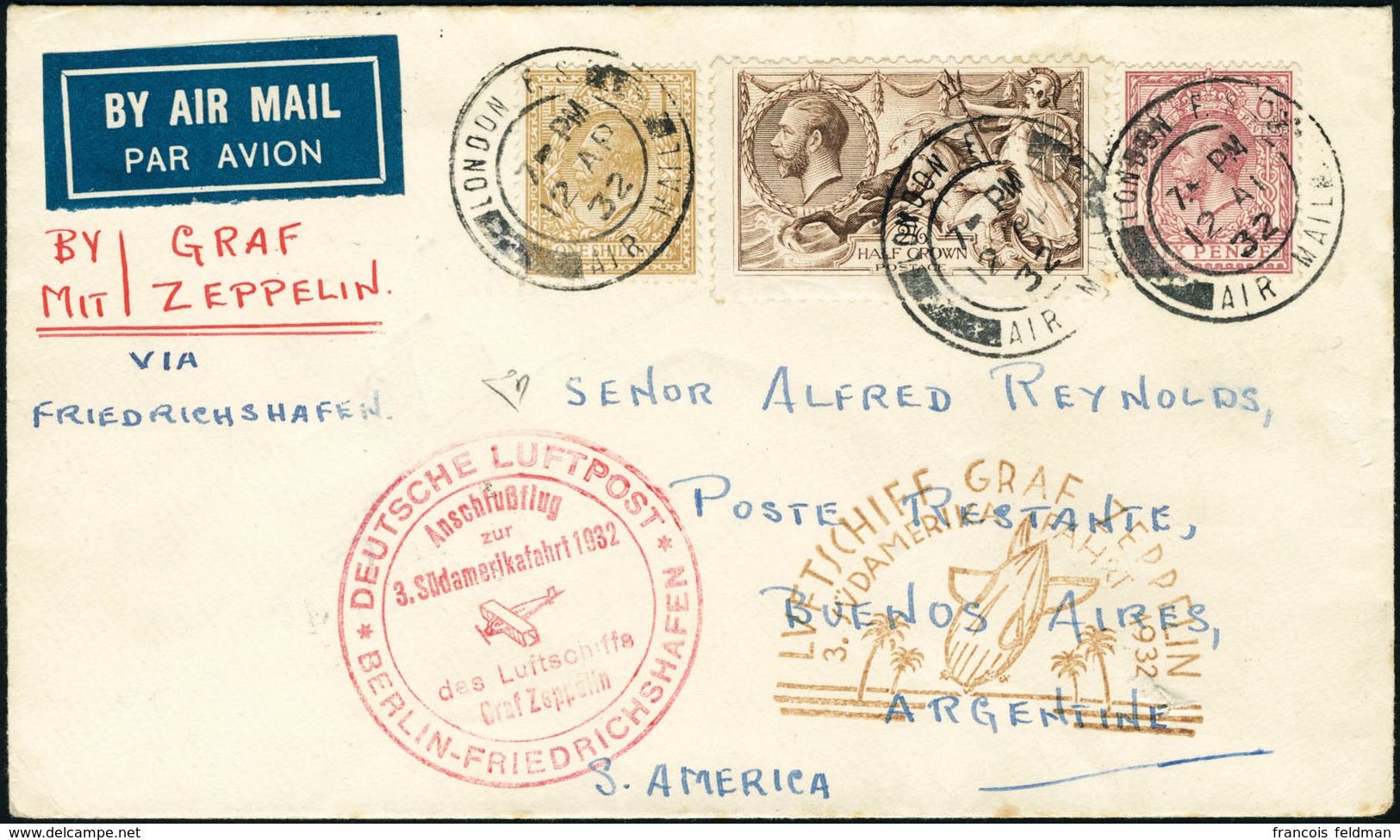 Lettre Zeppelin 3. SAF 1932. Lettre CàD London 12 AP 1932, Pour Buenos-Aires. CàD Illustré De Transit ... Berlin-Friedri - Autres & Non Classés