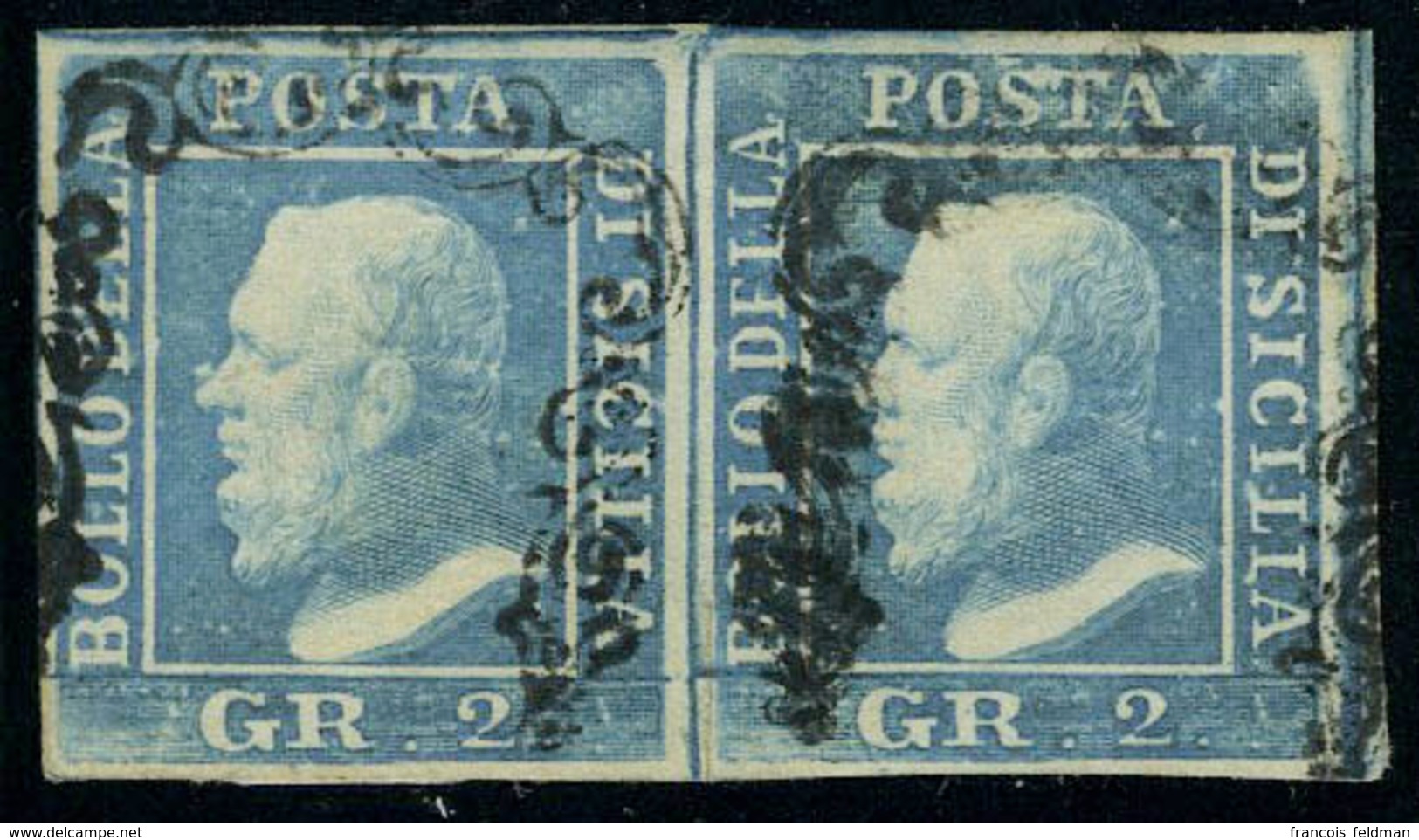 Oblitéré N° 20, 2gr Bleu, Paire Hor., Planche II, Position 64-65, Sassone 7, Signé Diéna - Altri & Non Classificati