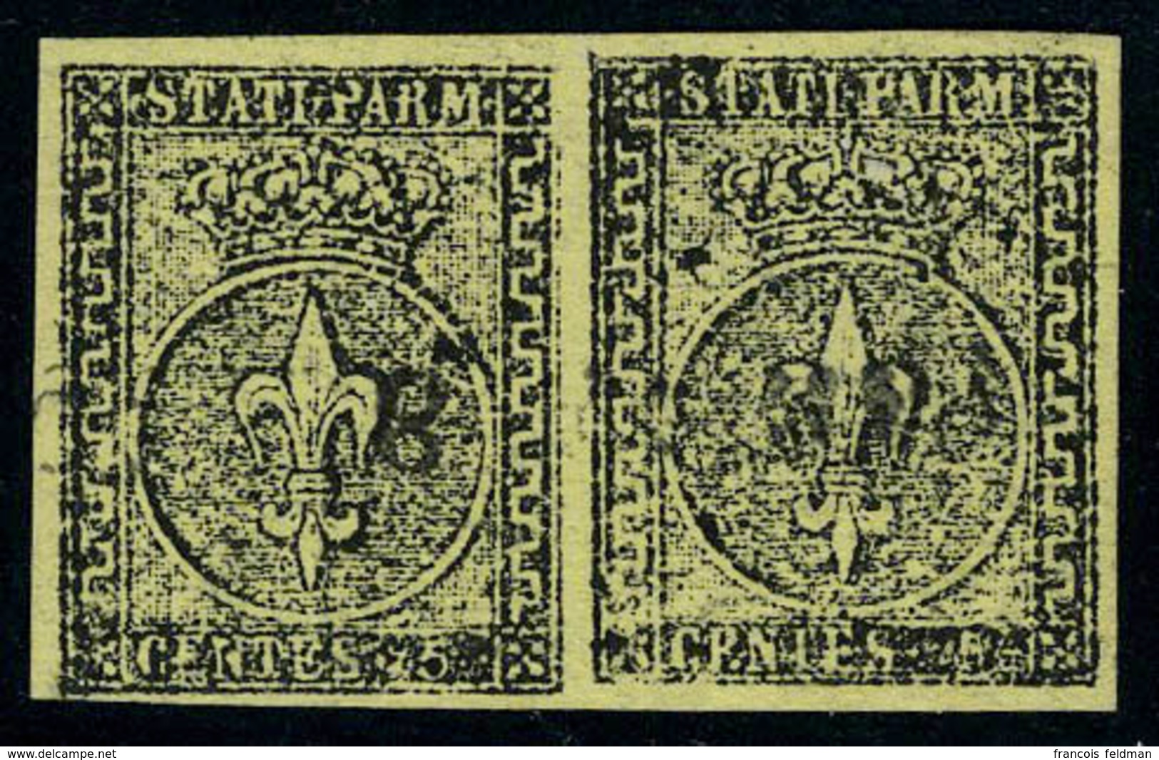 Oblitéré N° 1, 5c Jaune, Paire Hor. Superbe Signé Fiécchi, Sassone 1 : 500 € - Autres & Non Classés