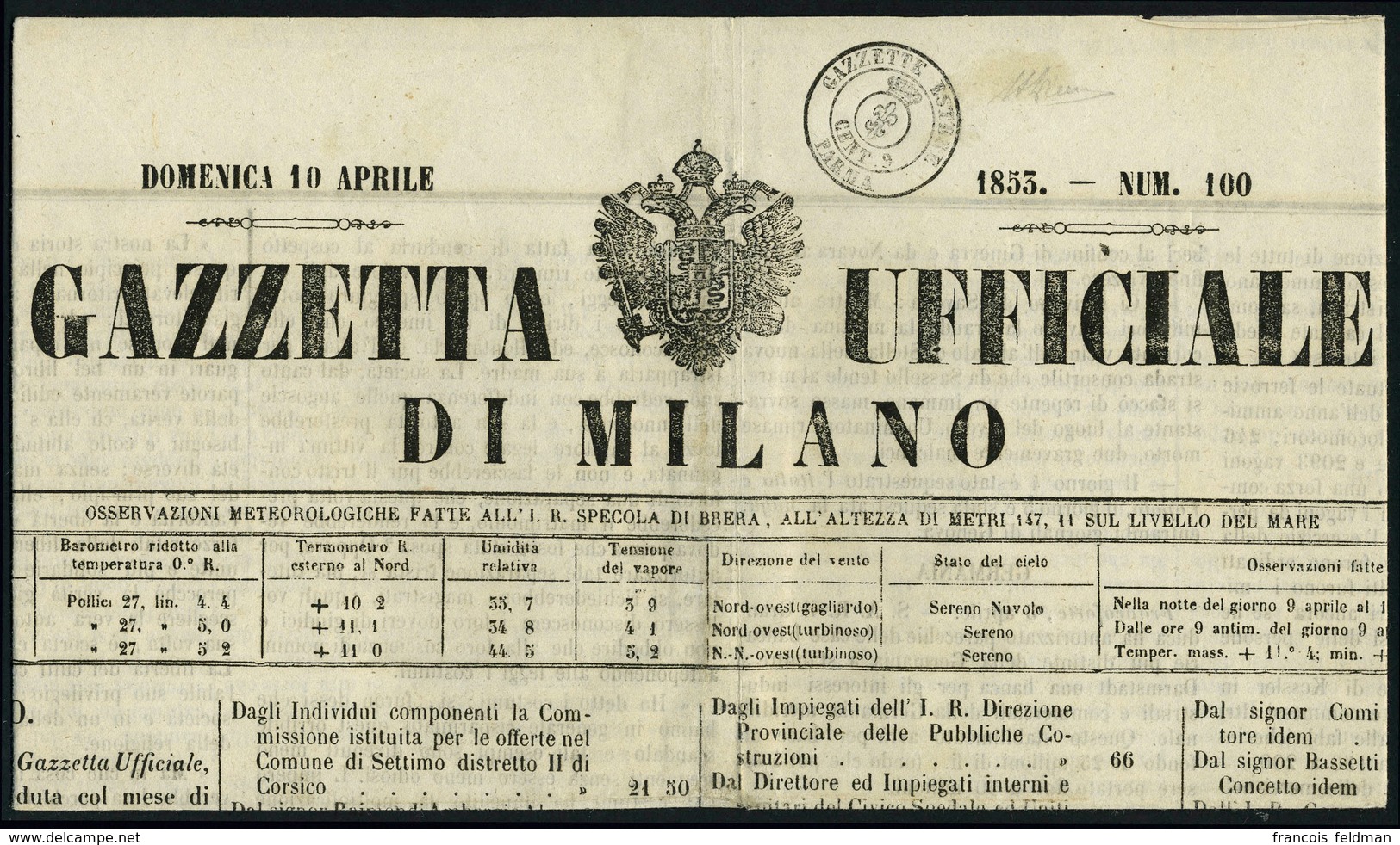 Lettre Cachet De Parma Cent 9 Gazette Estere, Taxe Sur Journal, Précurseur De Timbres Taxés, Signé + Certificat Diéna, S - Other & Unclassified