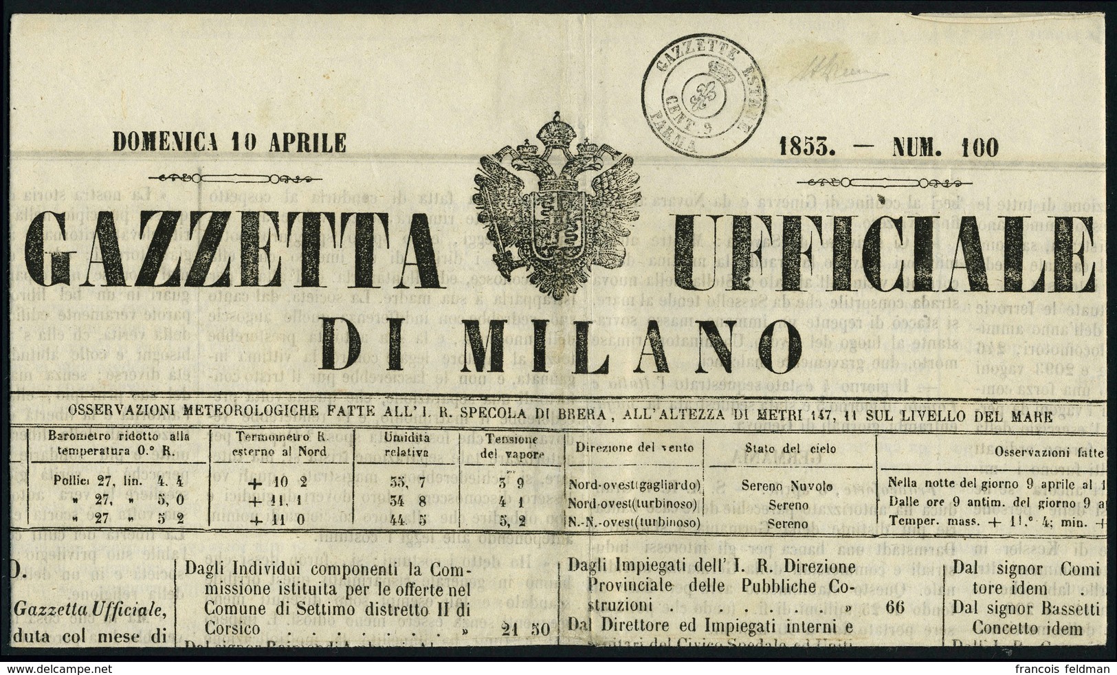 Lettre Cachet De Parma Cent 9 Gazette Estere, Taxe Sur Journal, Précurseur De Timbres Taxés, Signé + Certificat Diéna, S - Otros & Sin Clasificación