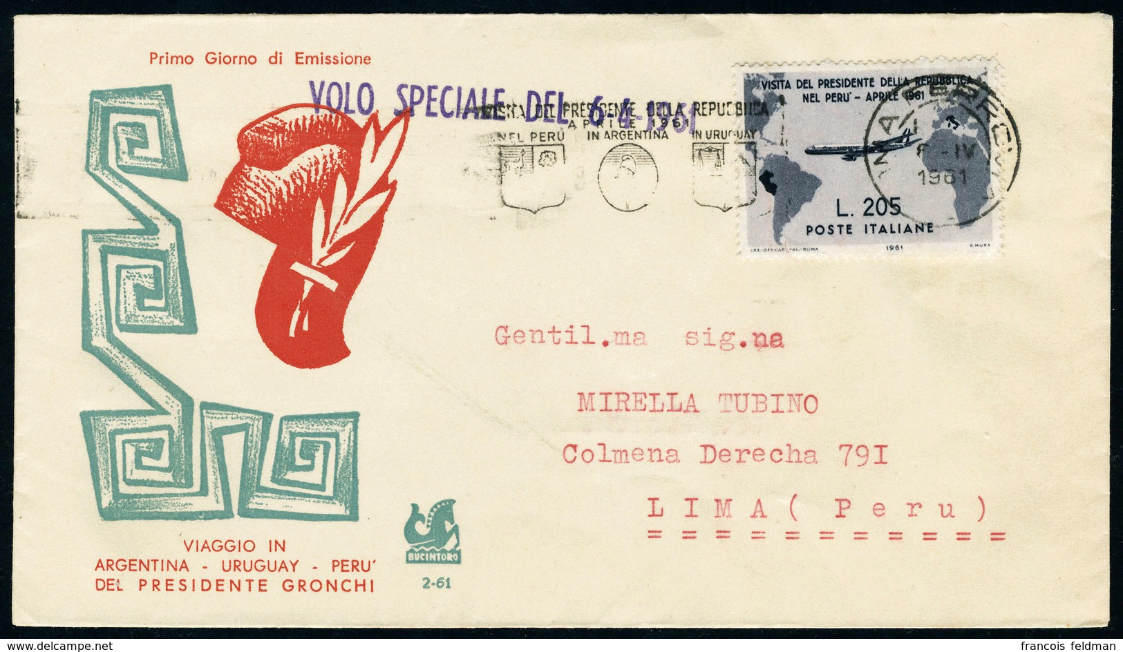 Lettre N° 847A. Visite Du Président Gronchi En Argentine, Uruguay Et Pérou. 205p Rose Lilas Avec N° 847 (205l Gris-noir) - Other & Unclassified