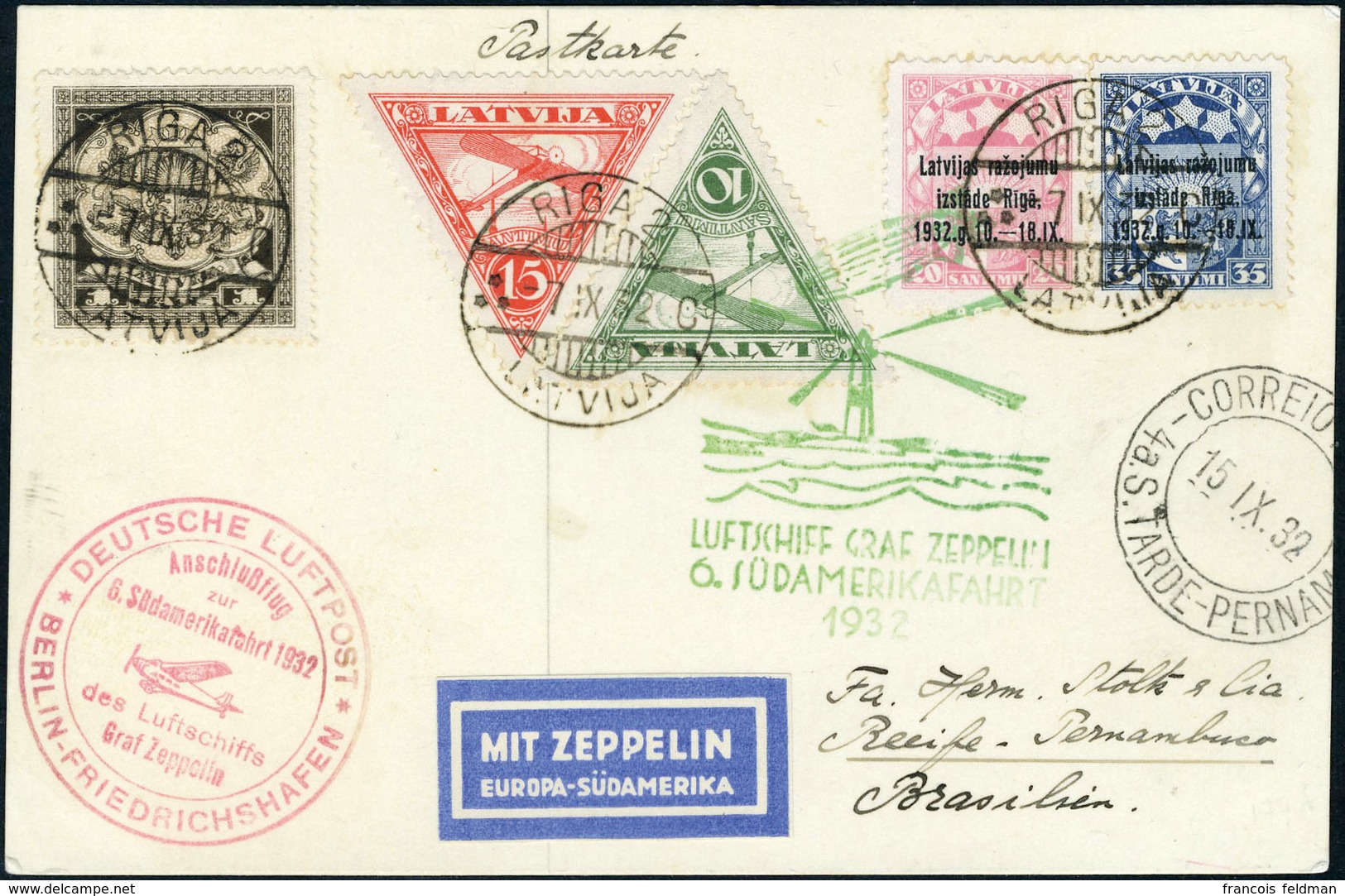 Lettre Zeppelin 6. S.A.F - 1932 - CP Càd Riga 7.IX.32, 2 Cachets Illustrés (1 Rouge + 1 Vert) Du Vol, Pour Recife-Pernam - Otros & Sin Clasificación