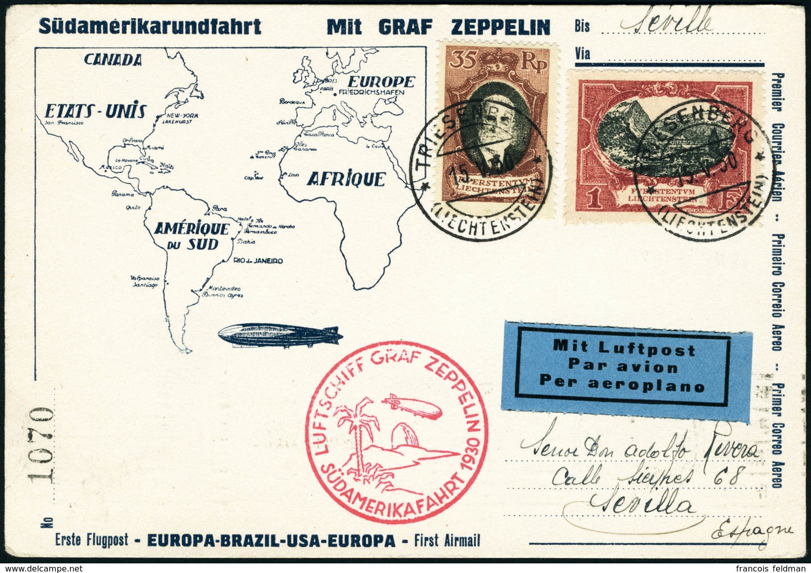 Lettre Zeppelin SAF 1930. C.P. Illustrée SAF CàD Triesenberg 15.V.30, Pour Séville (Espagne). T.B. - Sonstige & Ohne Zuordnung