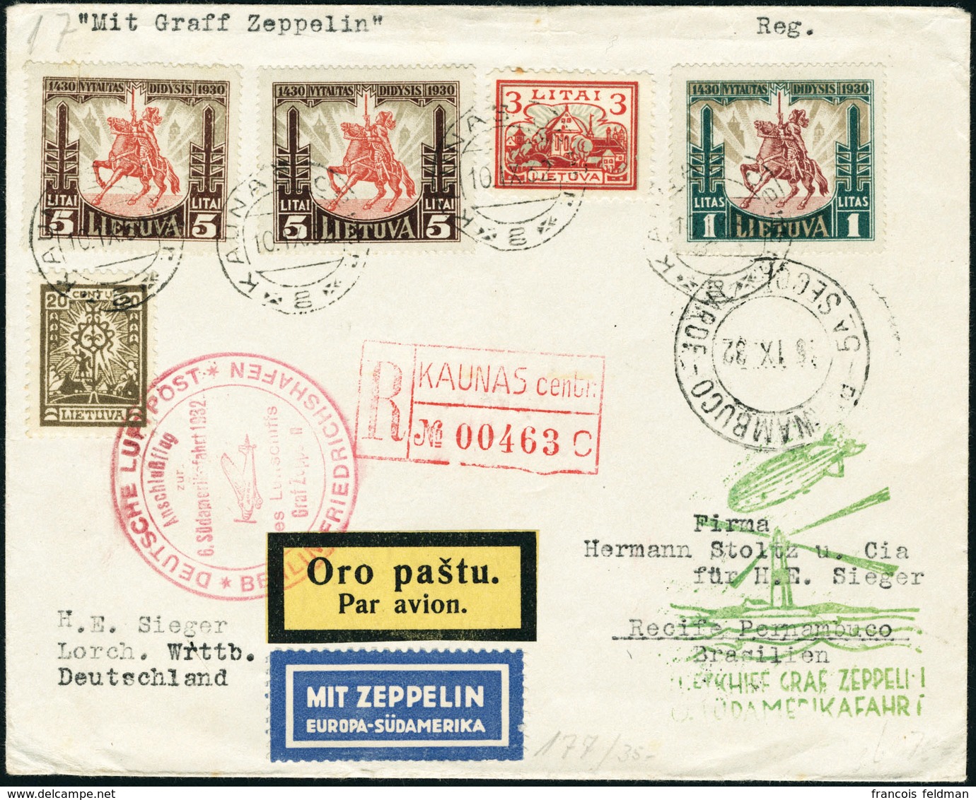 Lettre ZEPPELIN 6ème S.A.F. 1932. L.R. De Kaunas (10.IX.32), Pour Recife-Pernambuco. Au Verso CàD De Transit De Berlin ( - Autres & Non Classés