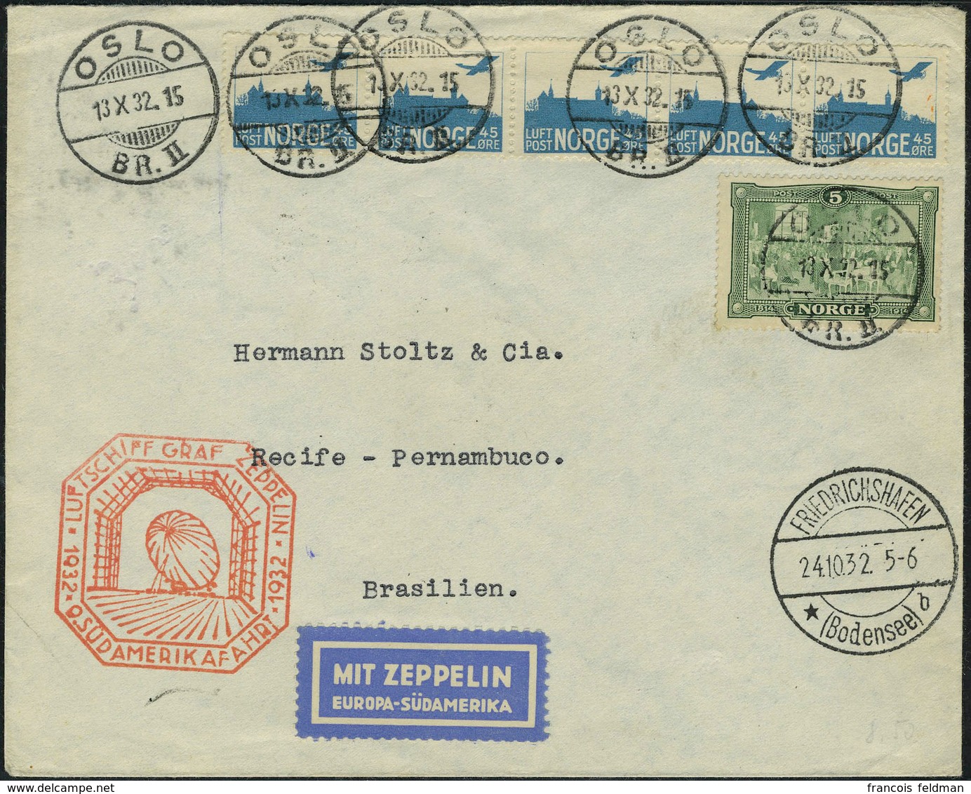 Lettre Zeppelin 9è SAF 1932 Pour Récife Pernambuco, Càd De Transit Friedrichshafen 24.10.32 Et Berlin 14.10.32, Arrivée  - Autres & Non Classés