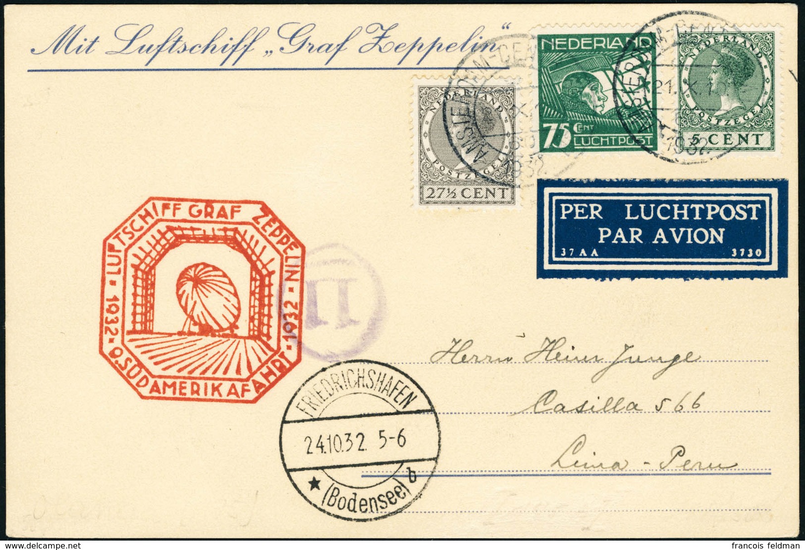 Lettre Zeppelin 9è SAF 1932. C.P. à En-tête Imprimée Mit Luftschiff Graf Zeppelin. CàD Amsterdam 21.X.1932, Pour Lima (P - Autres & Non Classés