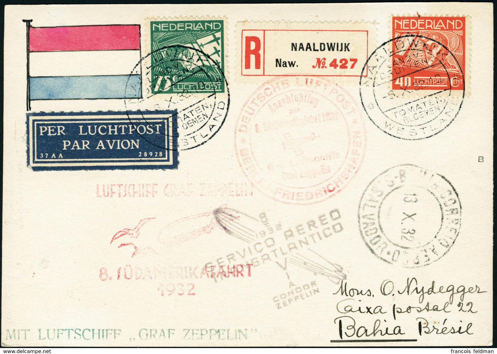 Lettre N°4 Et 5. Sur C.P. Illustrée (Zeppelin) Recommandée Naaldwijk 6.X.32. Zeppelin 8è SAF 1932, Pour Bahia (Brésil).  - Other & Unclassified