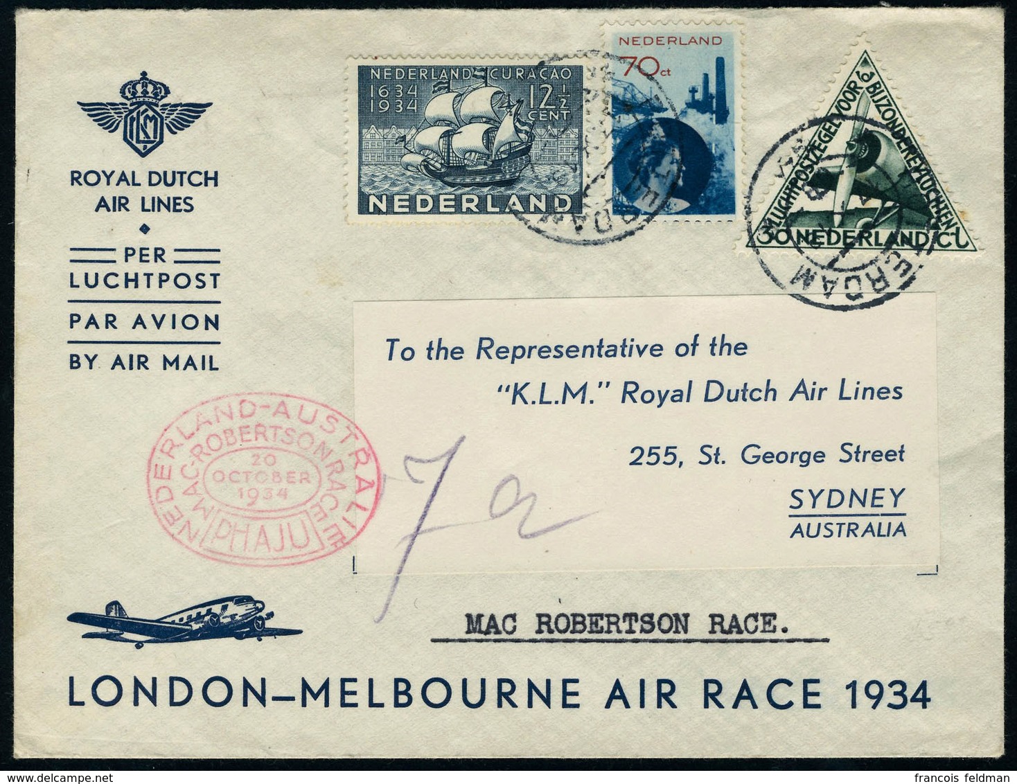 Lettre N° 10, + TP N° 234 Et 266 Sur L. Enveloppe Illustrée London Melbourne Air Race 1934, Càd Rotterdam 17.X.1934, Arr - Autres & Non Classés