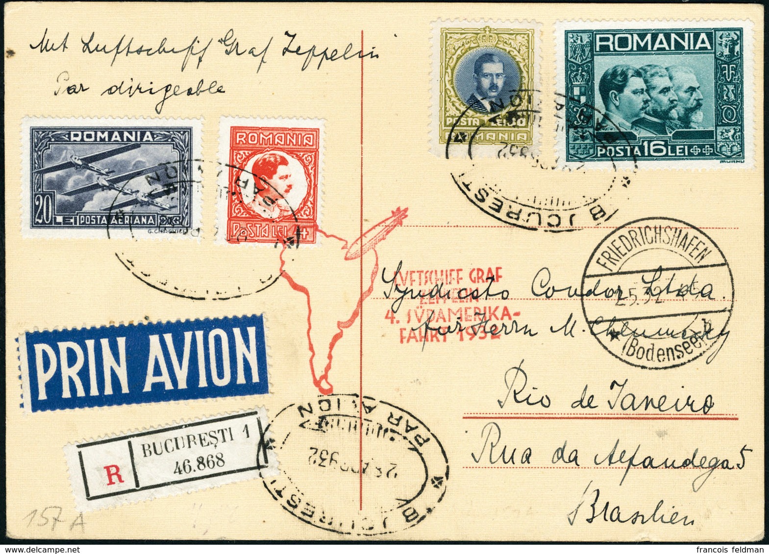 Lettre ZEPPELIN 4ème S.A.F 1932. C.P. Recommandée De Bucarest (28.4.32). CàD De Transit Friedrichshafen 2.5.32 Pour Rio  - Altri & Non Classificati