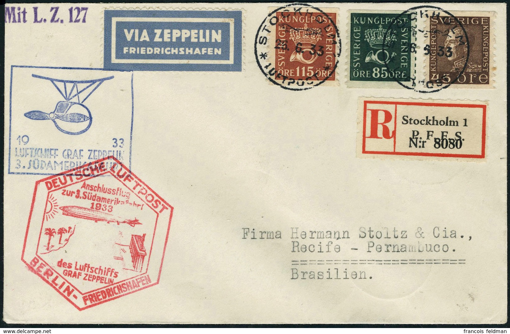 Lettre Zeppelin 3è SAF 1933, LR De Stockholm 26.6.33, Cachet Illustré Berlin-Friedrichshafen, Au Verso Càd De Transit Be - Other & Unclassified